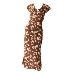 Michael Kors brown white floral daisy print ruffle tea style midi silk dress US4