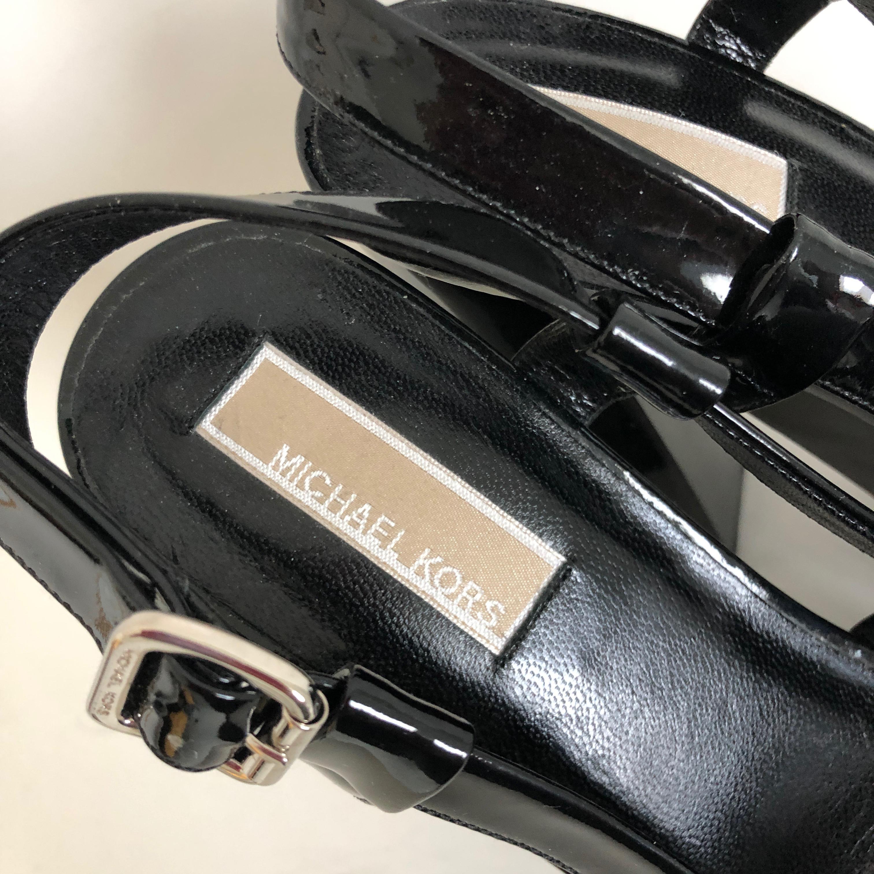 Michael Kors Chunky Platforms Sandals Heels Black Patent Retro Size 37.5 en vente 6