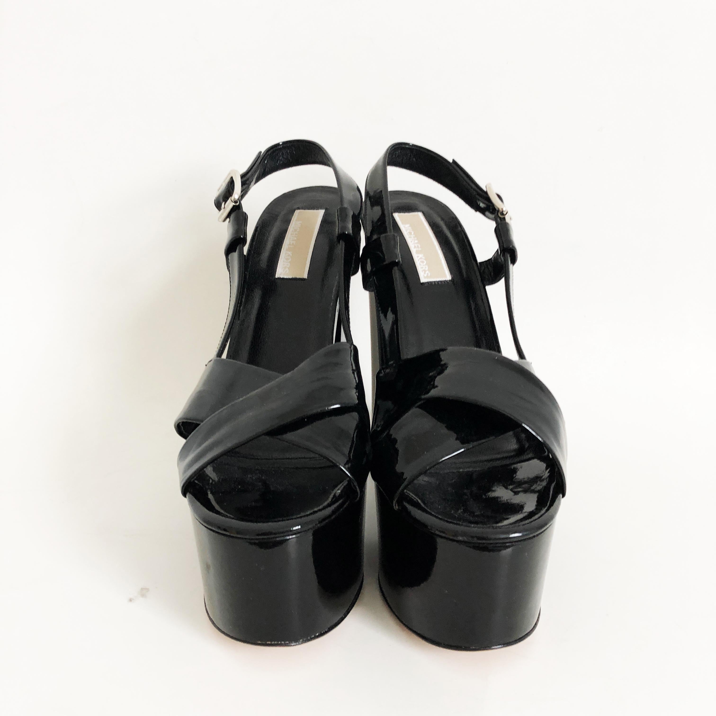 Noir Michael Kors Chunky Platforms Sandals Heels Black Patent Retro Size 37.5 en vente