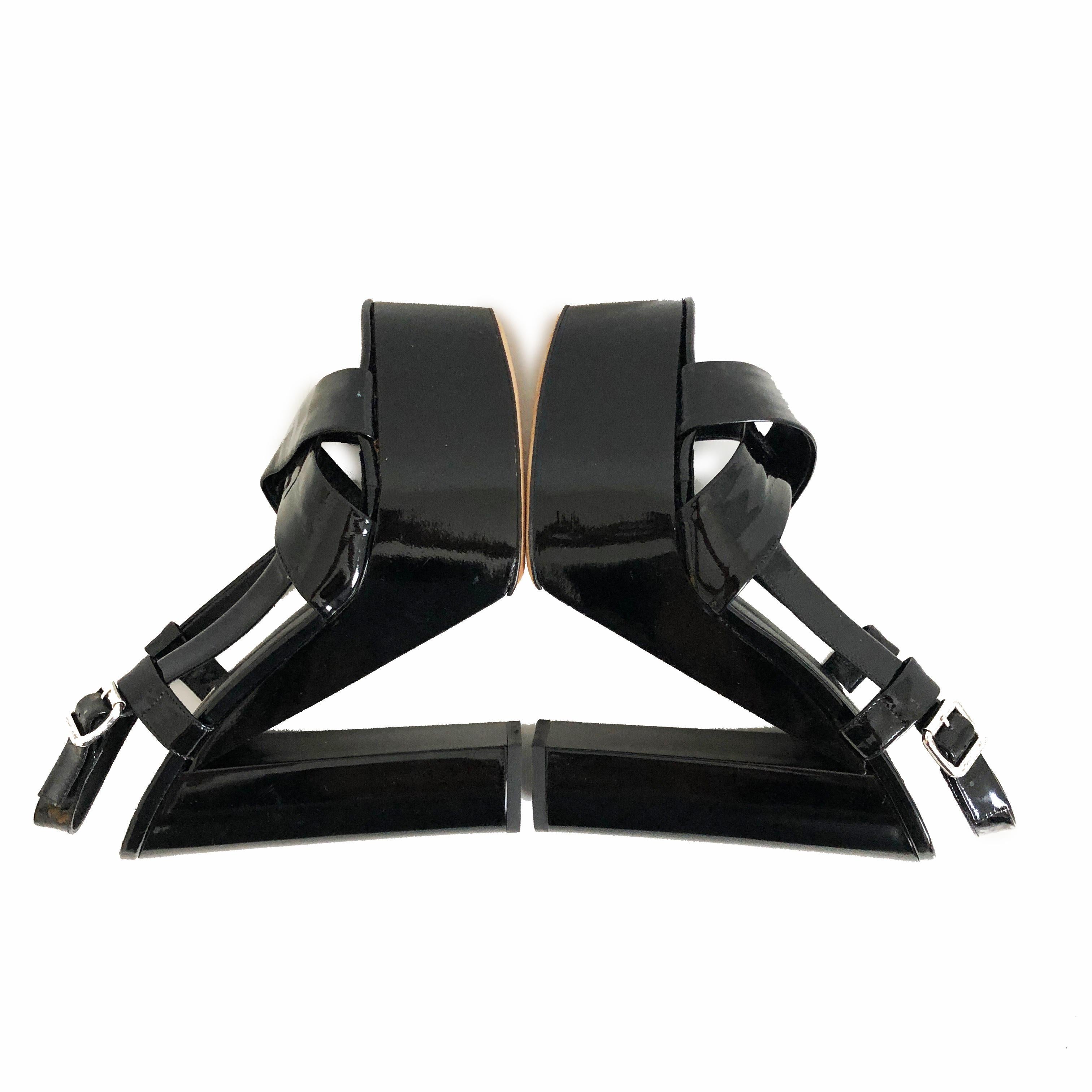 Michael Kors Chunky Platforms Sandals Heels Black Patent Retro Size 37.5 en vente 4