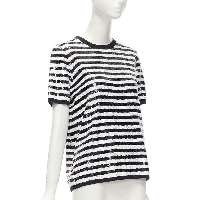 Gray MICHAEL KORS COLLECTION 100% merino wool black white sequins striped boxy top XS For Sale