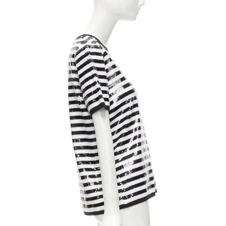 MICHAEL KORS COLLECTION 100% merino wool black white sequins striped boxy top XS In Excellent Condition For Sale In Hong Kong, NT