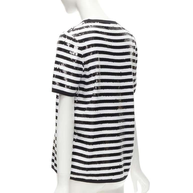 MICHAEL KORS COLLECTION 100% merino wool black white sequins striped boxy top XS For Sale 1