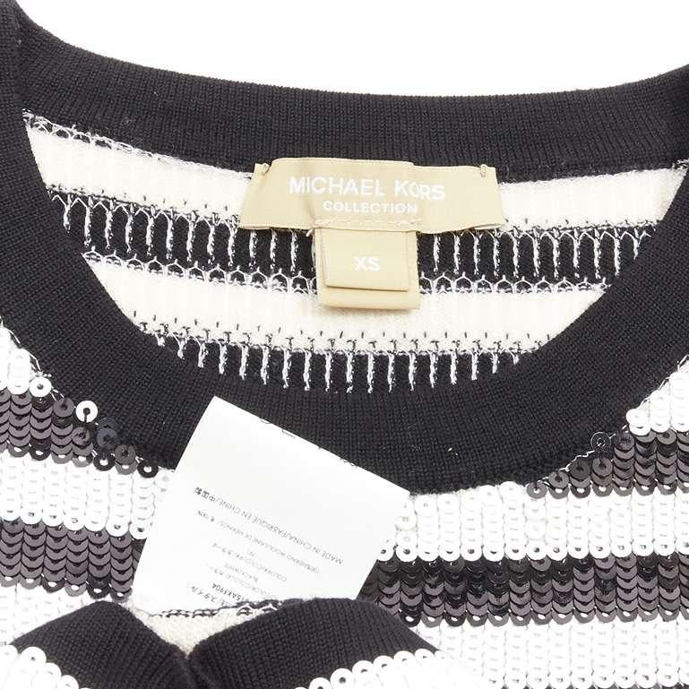 MICHAEL KORS COLLECTION 100% merino wool black white sequins striped boxy top XS For Sale 3