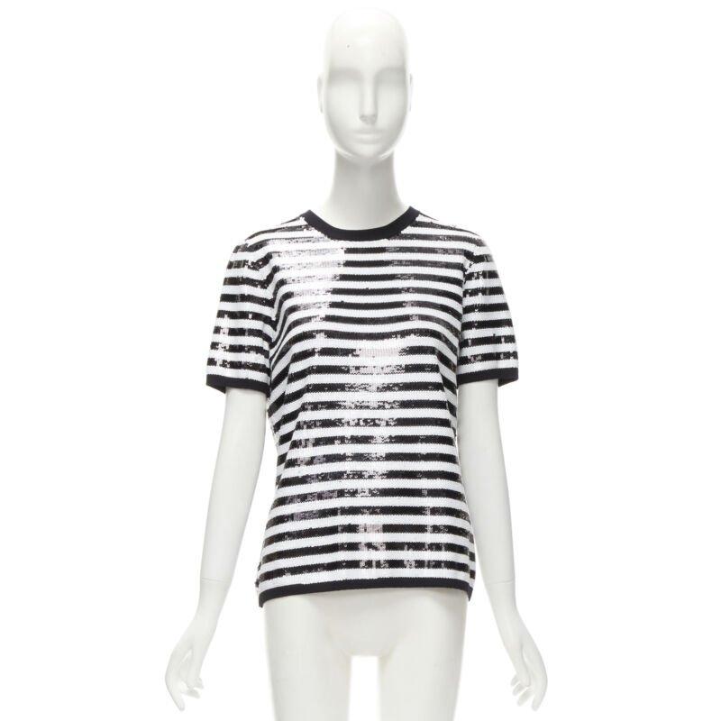 MICHAEL KORS COLLECTION 100% merino wool black white sequins striped boxy top XS For Sale 4