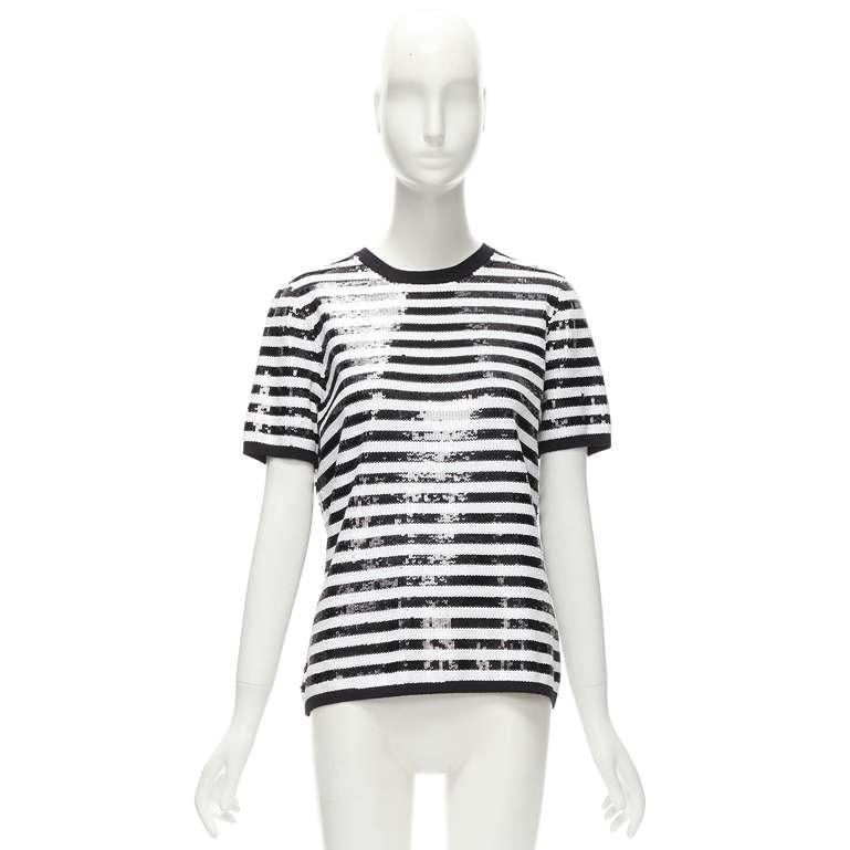 MICHAEL KORS COLLECTION 100% merino wool black white sequins striped boxy top XS For Sale 4