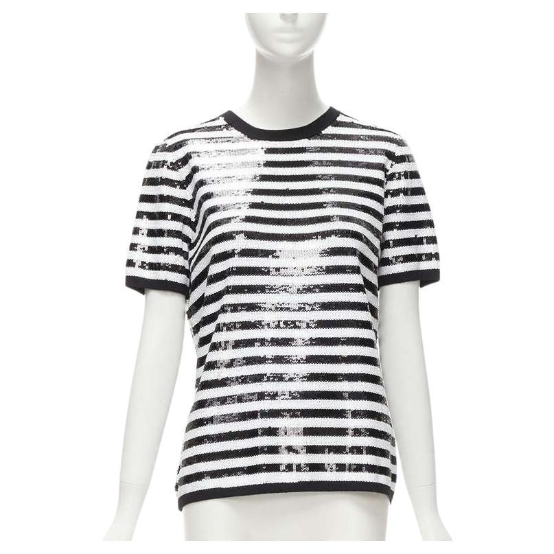 MICHAEL KORS COLLECTION 100% merino wool black white sequins striped boxy top XS For Sale