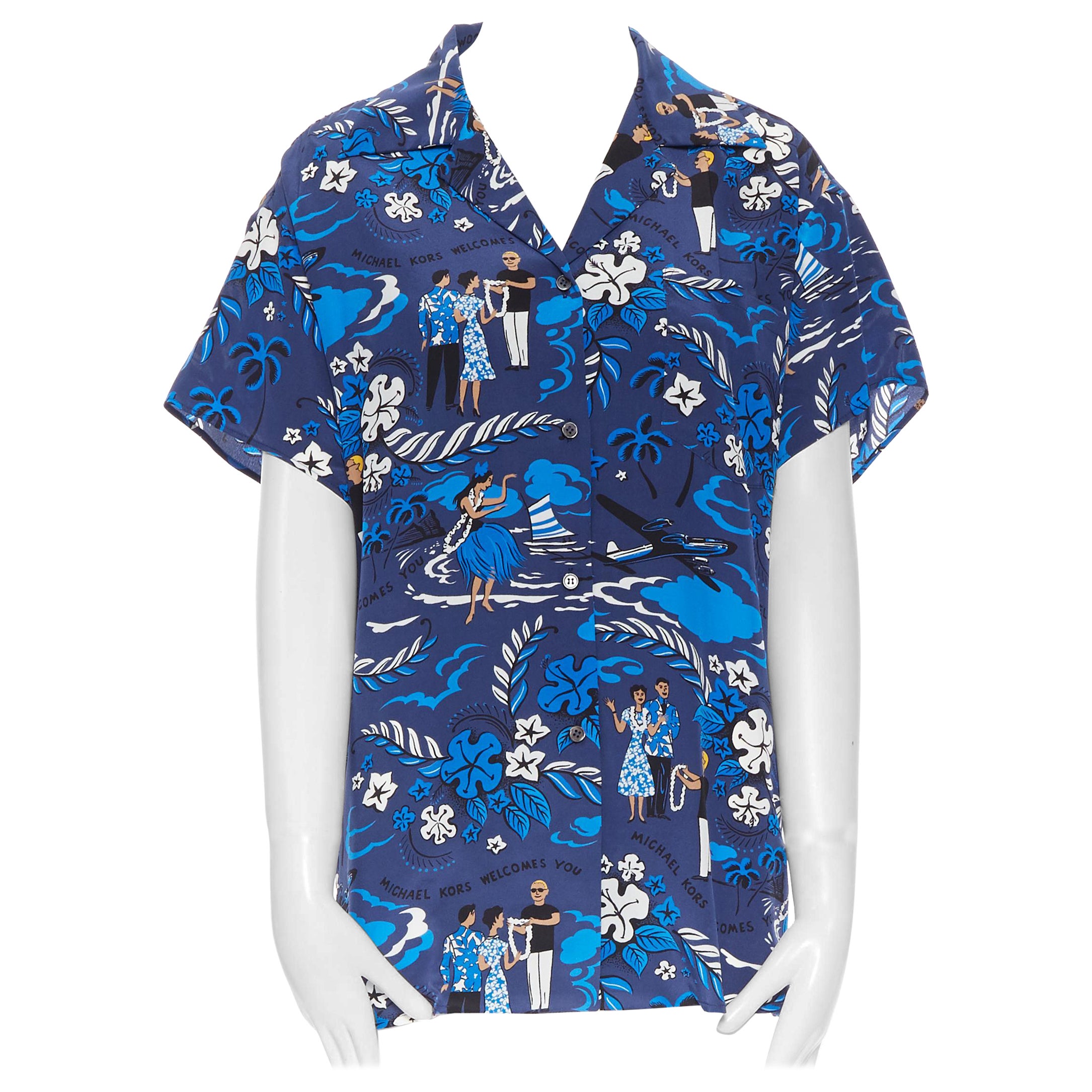 MICHAEL KORS COLLECTION 100% silk MK Welcomes You aloha print Hawaiian shirt XS
