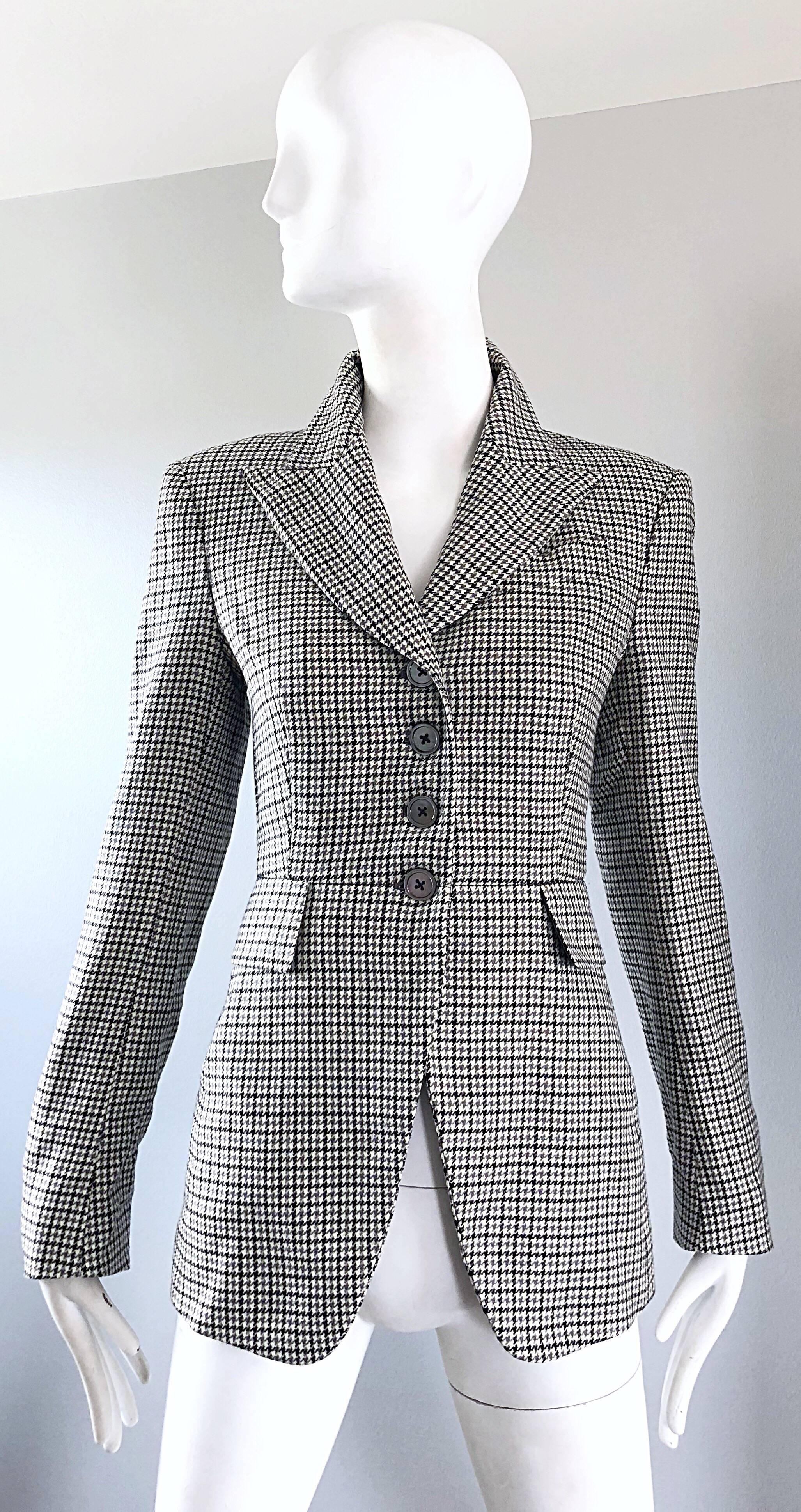 Chic vintage late 90s MICHAEL KORS COLLECTION gray and black houndstooth blazer jacket! Features a nice tailored fit, with a stylish, yet subdued grey, black and white mini houndstooth print. Pockets at each side of the waist. Extremely soft and