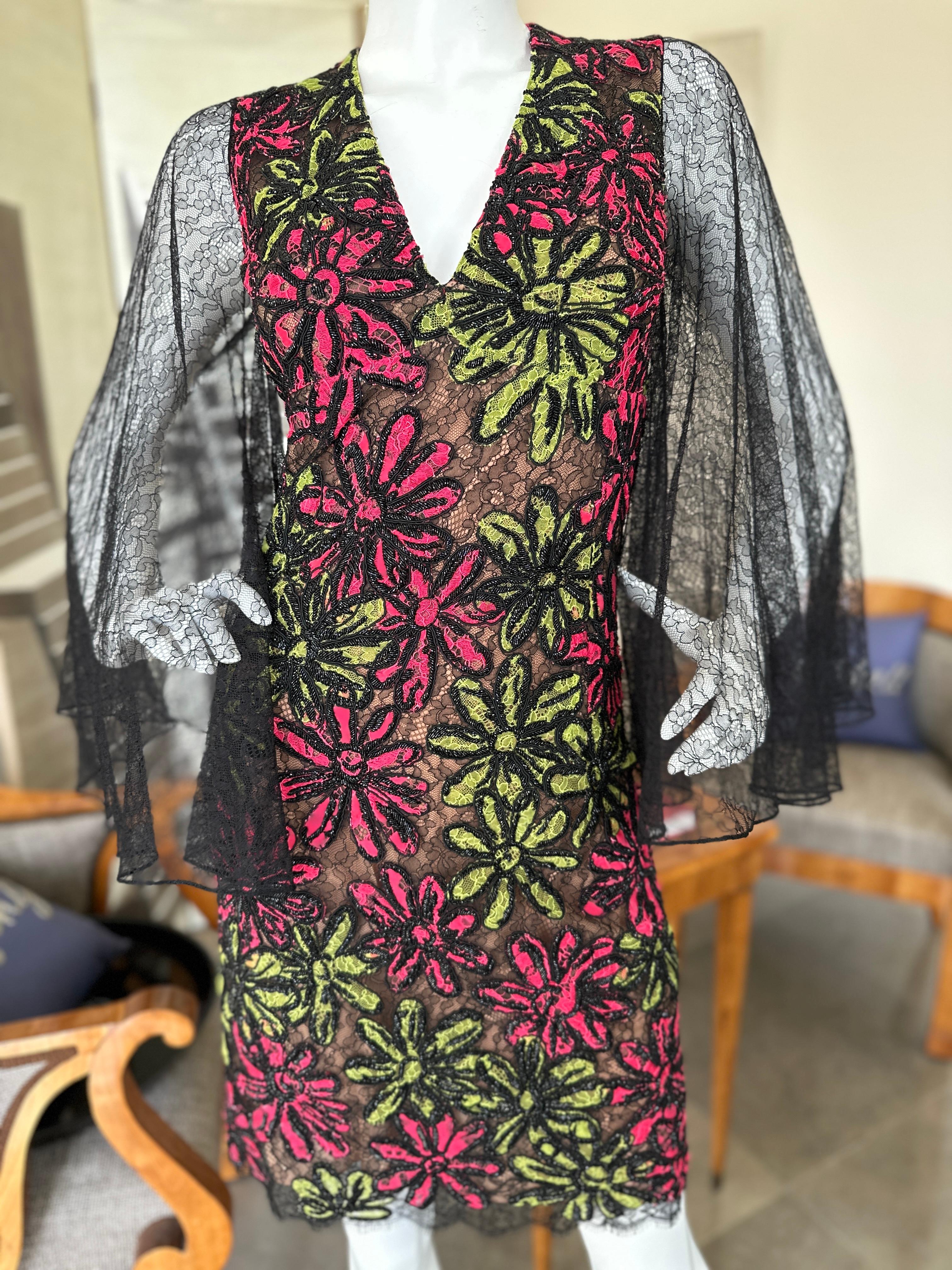 Michael Kors Collection Beaded Floral Dress with Sheer Lace Bell Sleeves (Italy) In Excellent Condition For Sale In Cloverdale, CA