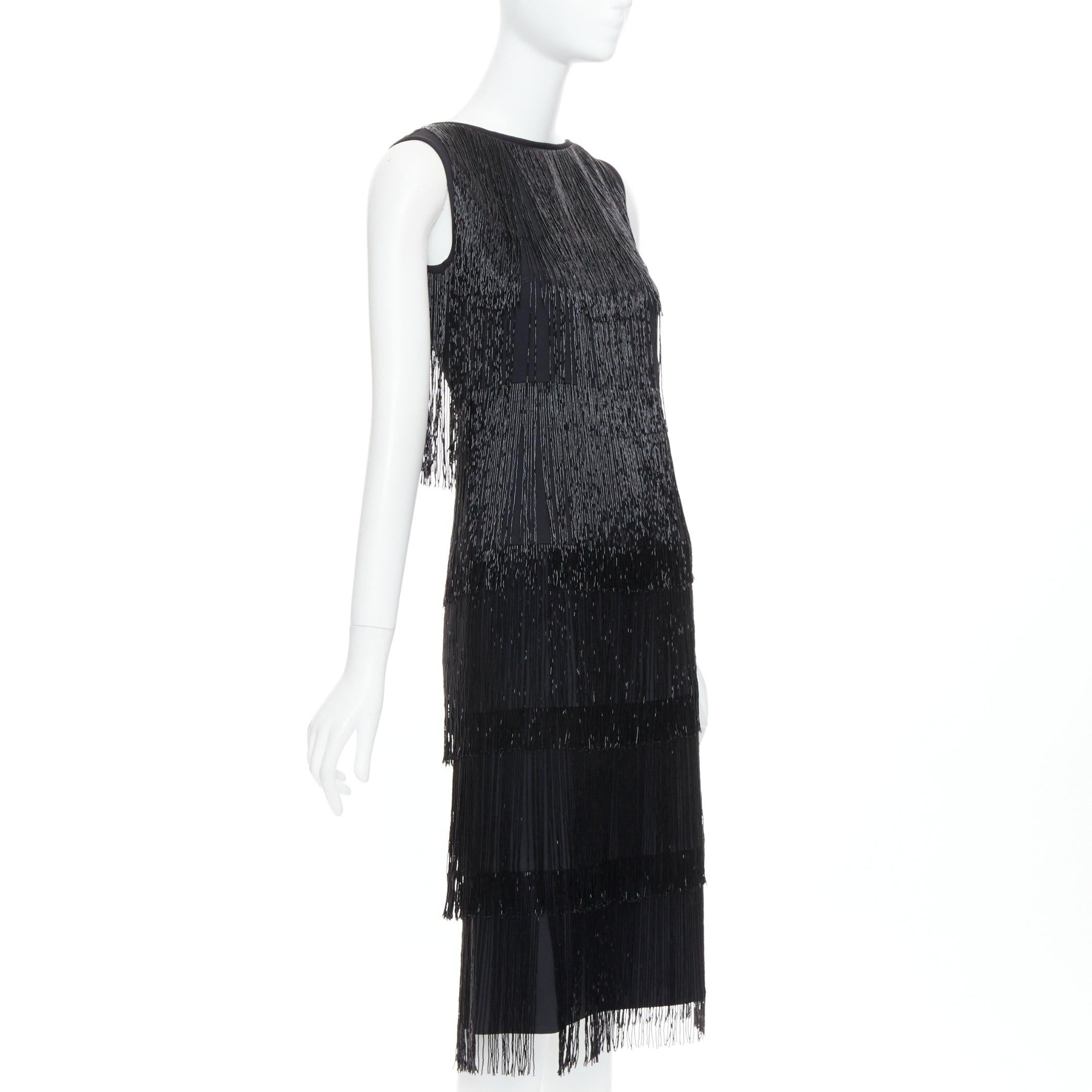 Black MICHAEL KORS COLLECTION black bead fringe crew knee flapper dress US0 XS0 For Sale