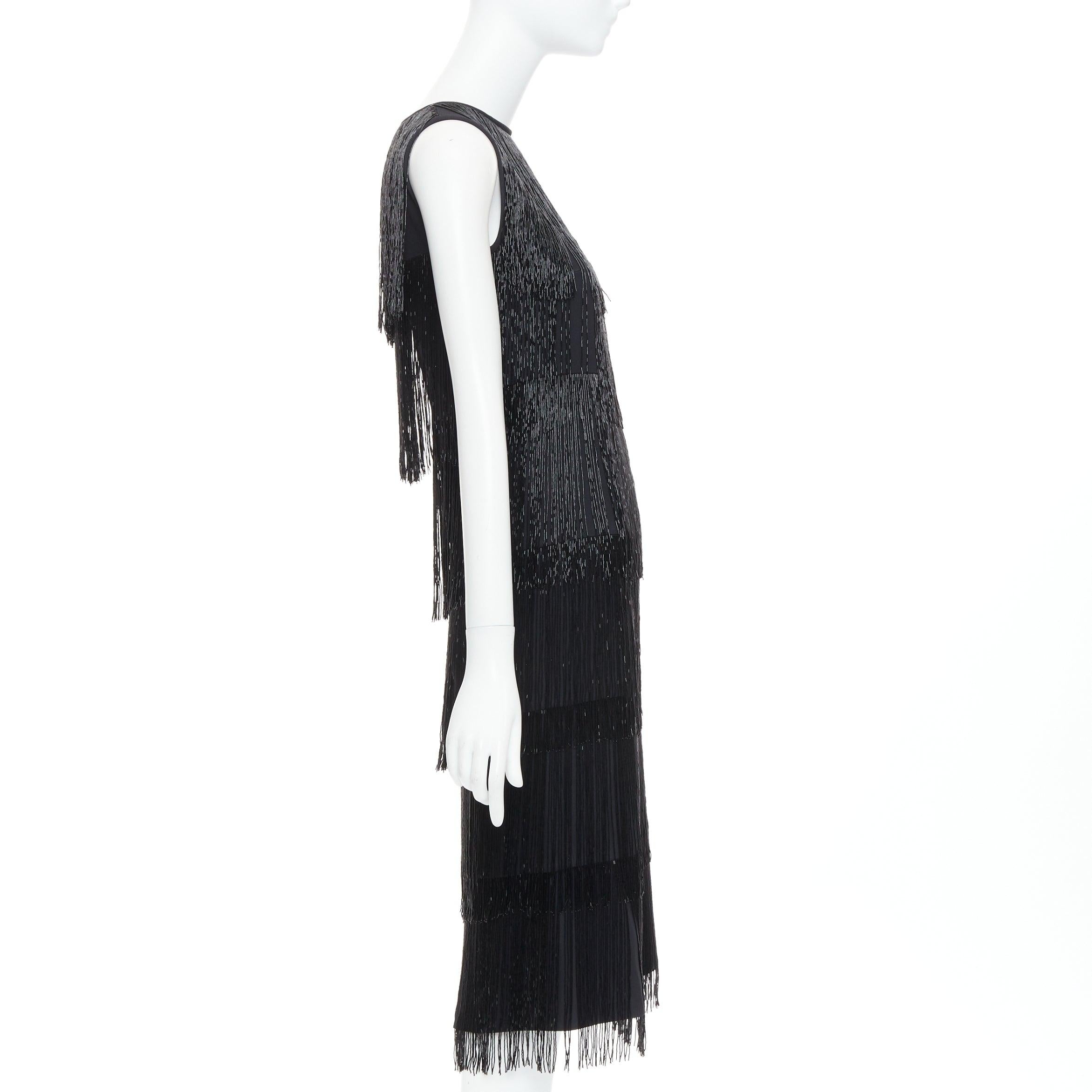 MICHAEL KORS COLLECTION black bead fringe crew knee flapper dress US0 XS0 In Excellent Condition For Sale In Hong Kong, NT