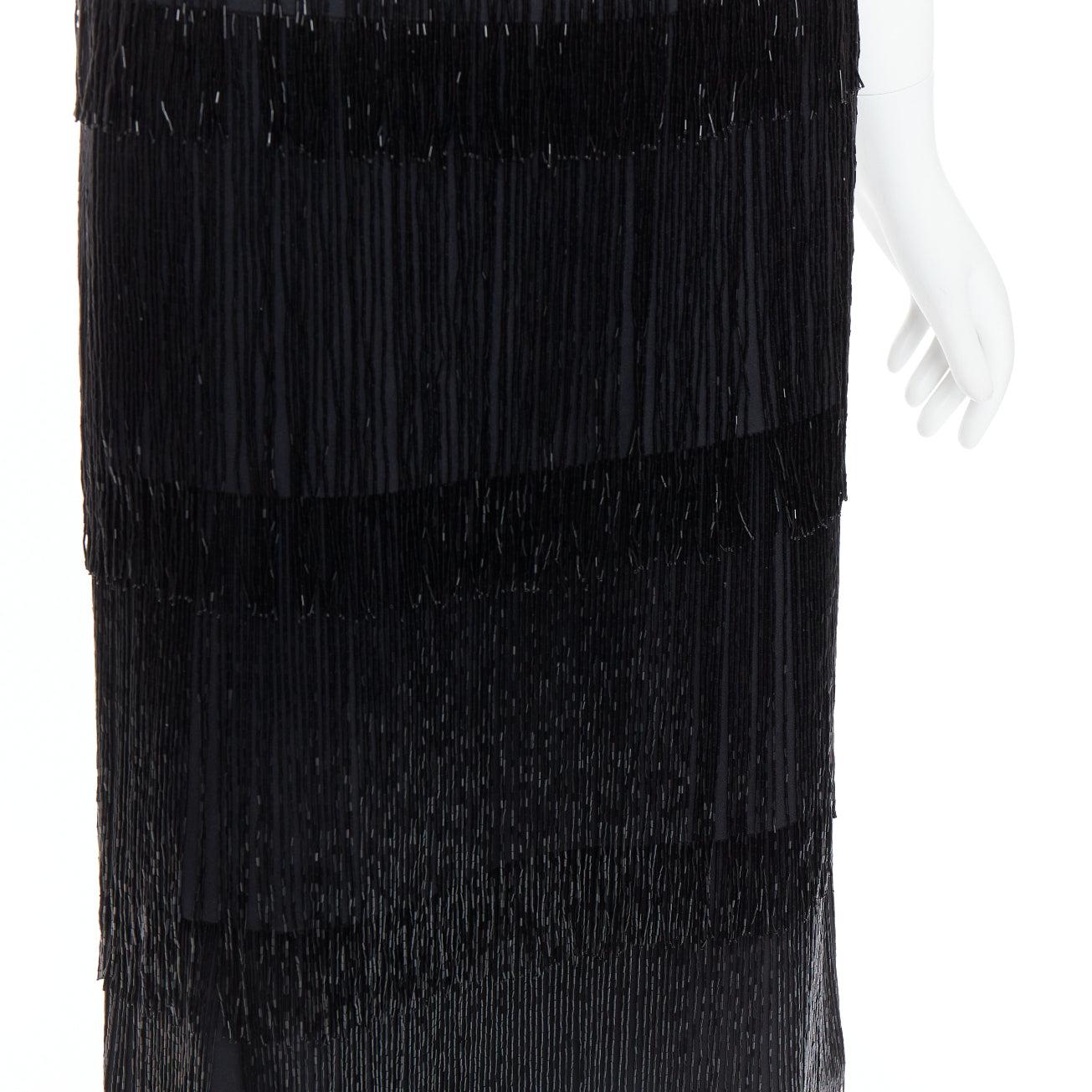 MICHAEL KORS COLLECTION black bead fringe crew knee flapper dress US0 XS0 For Sale 2