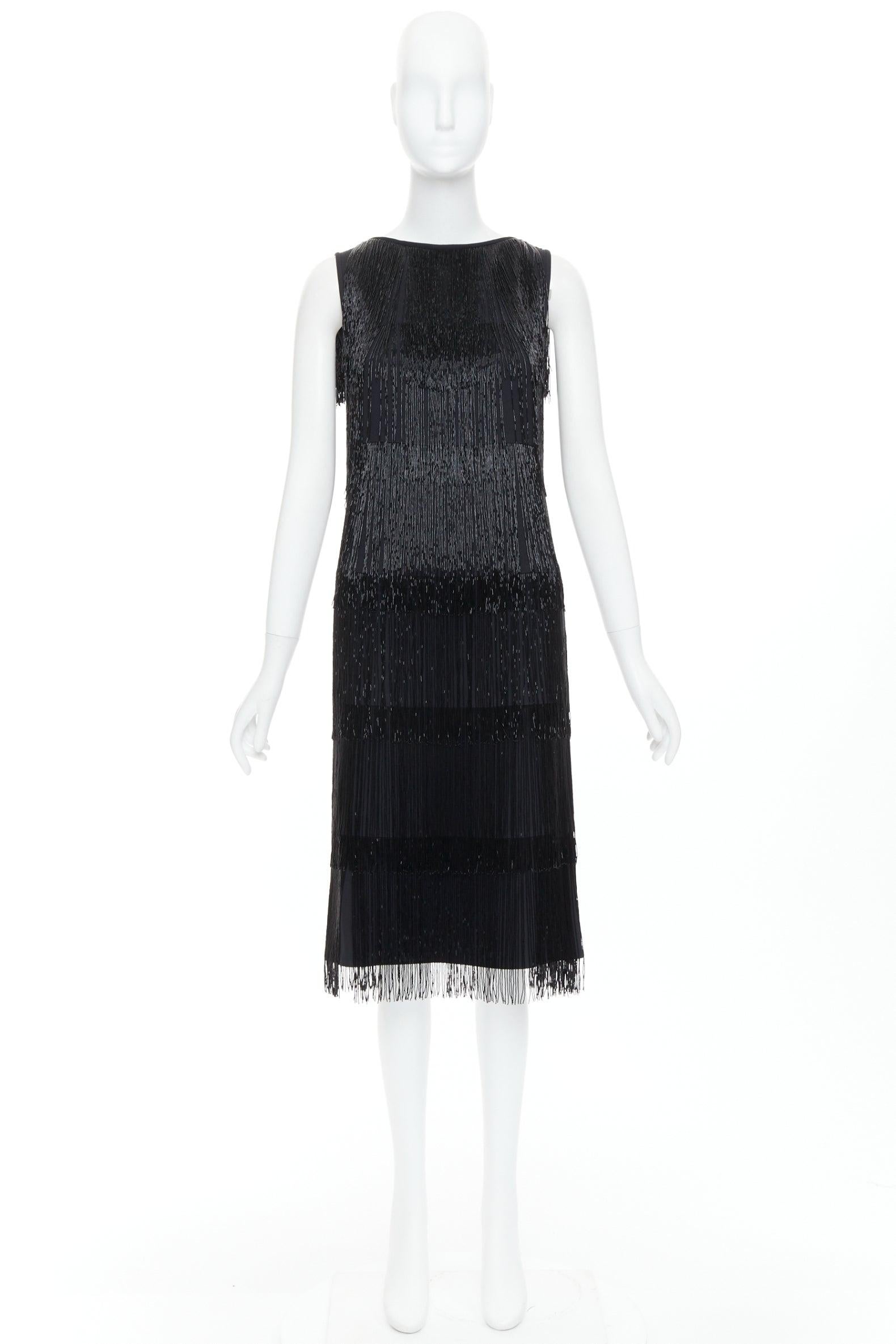 MICHAEL KORS COLLECTION black bead fringe crew knee flapper dress US0 XS0 For Sale 4