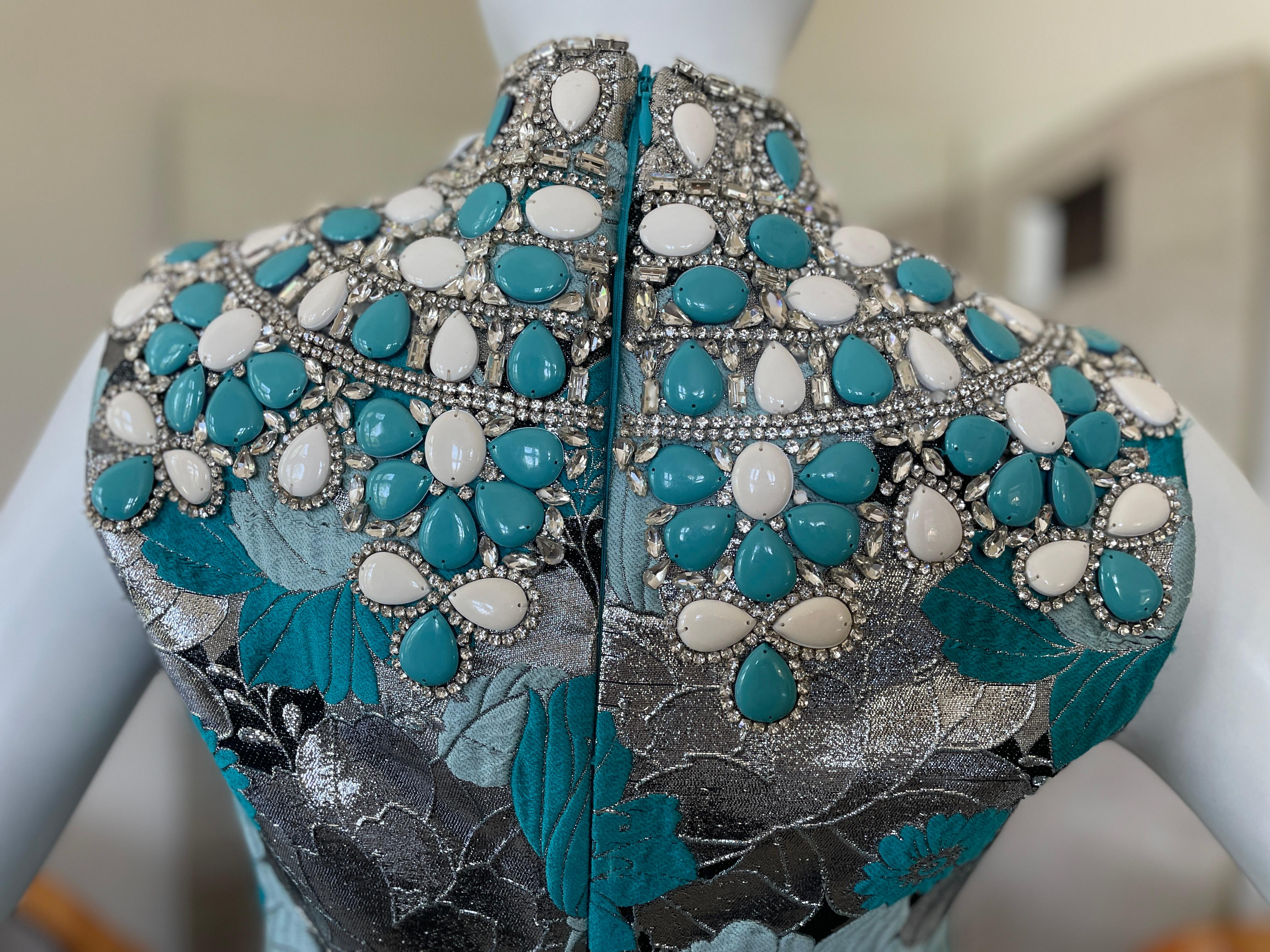 Michael Kors Collection Brocade Dress with Gobsmacking Turquoise Crystal Collar For Sale 6