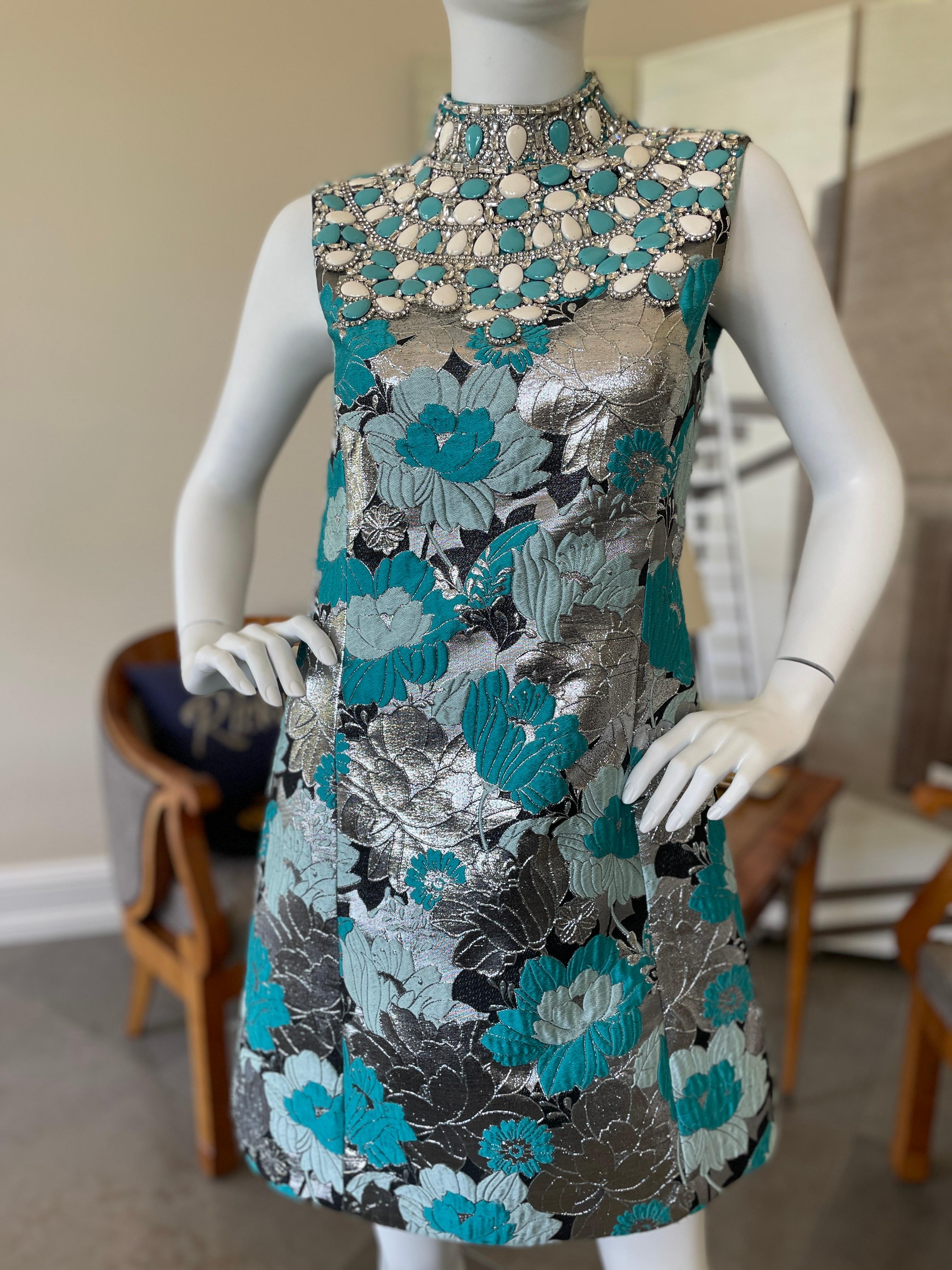 Michael Kors Collection Brocade Dress with Gobsmacking Turquoise Crystal Collar In Good Condition For Sale In Cloverdale, CA