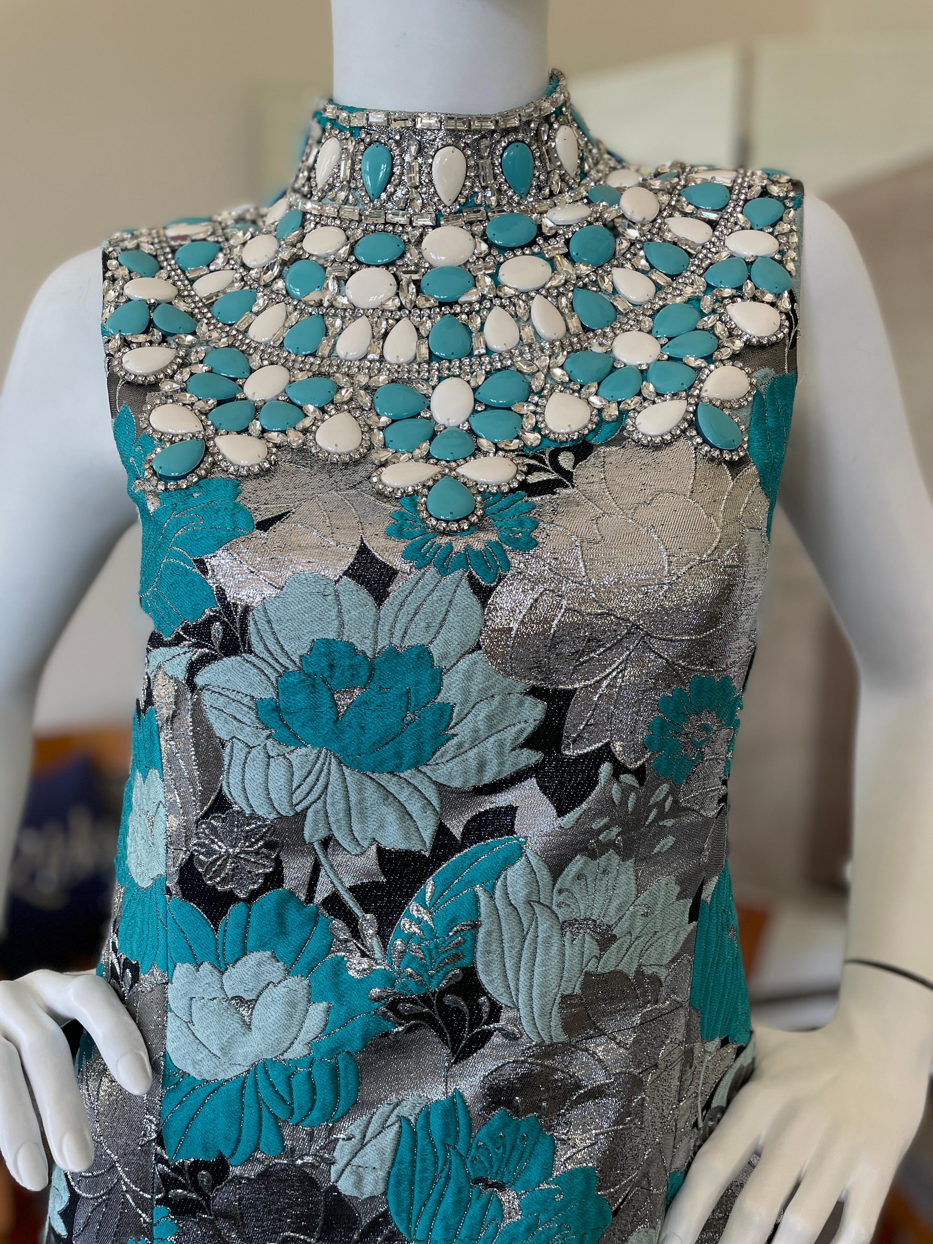 Women's Michael Kors Collection Brocade Dress with Gobsmacking Turquoise Crystal Collar For Sale