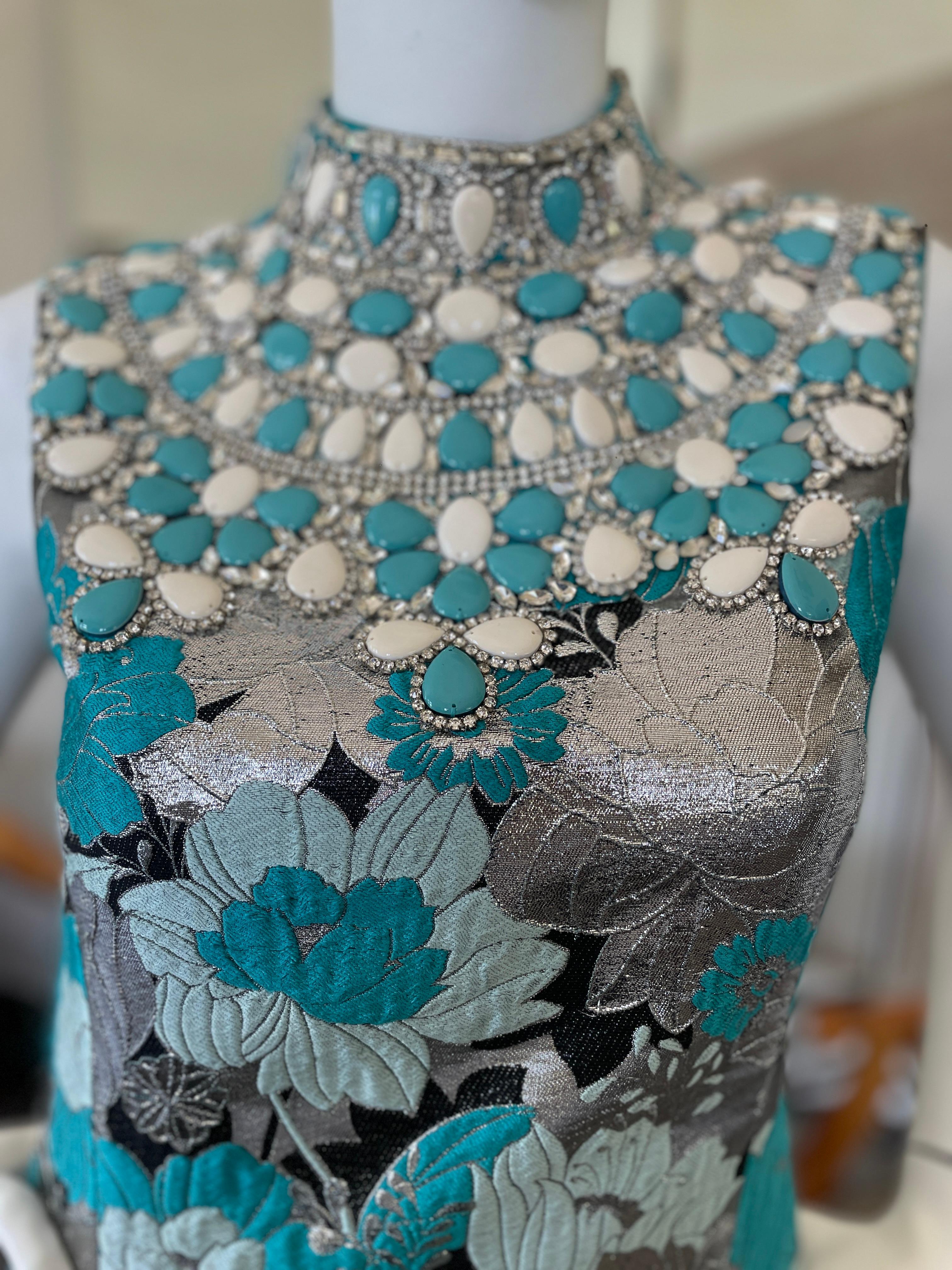 Michael Kors Collection Brocade Dress with Gobsmacking Turquoise Crystal Collar For Sale 1