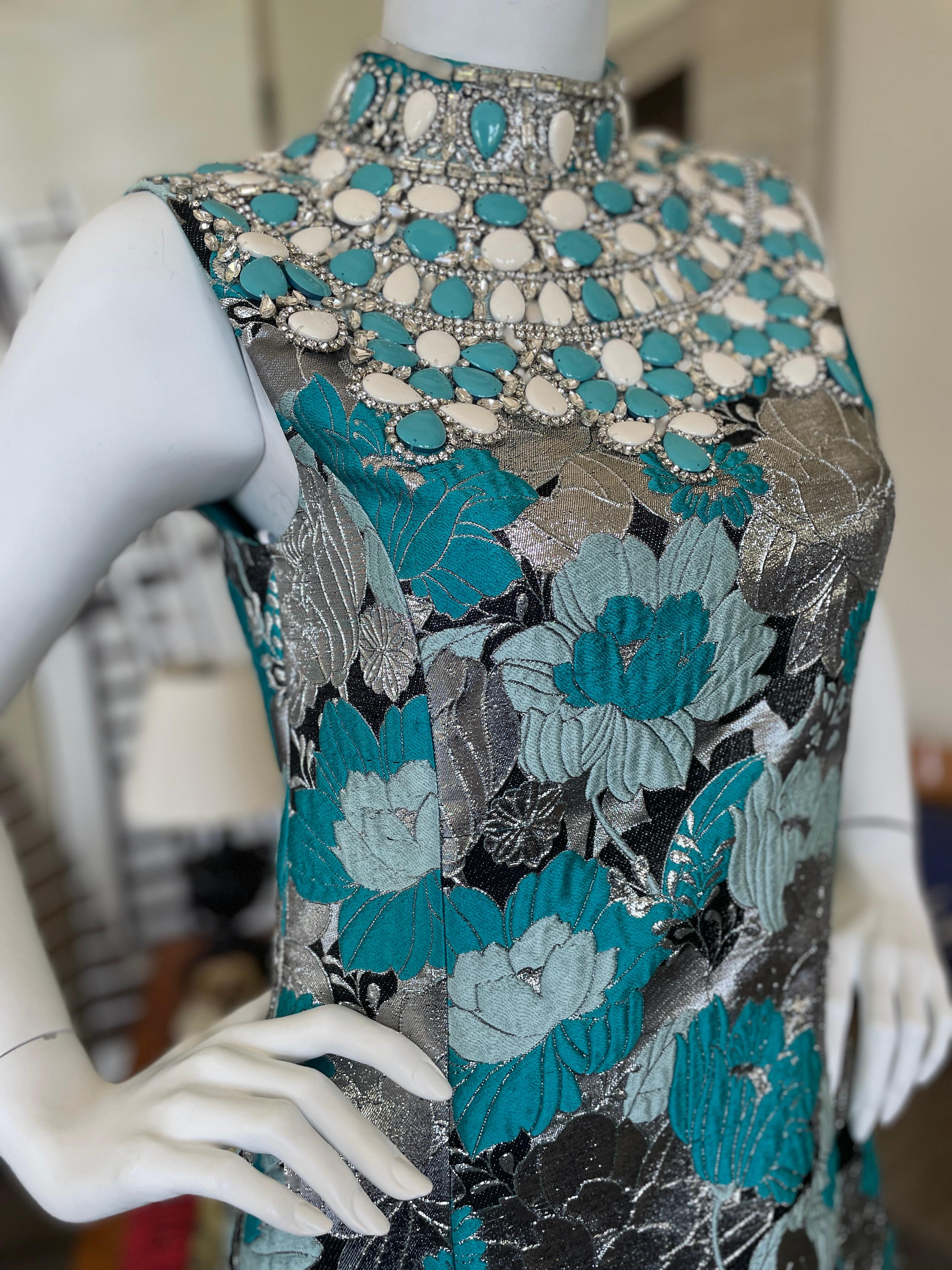 Michael Kors Collection Brocade Dress with Gobsmacking Turquoise Crystal Collar For Sale 2