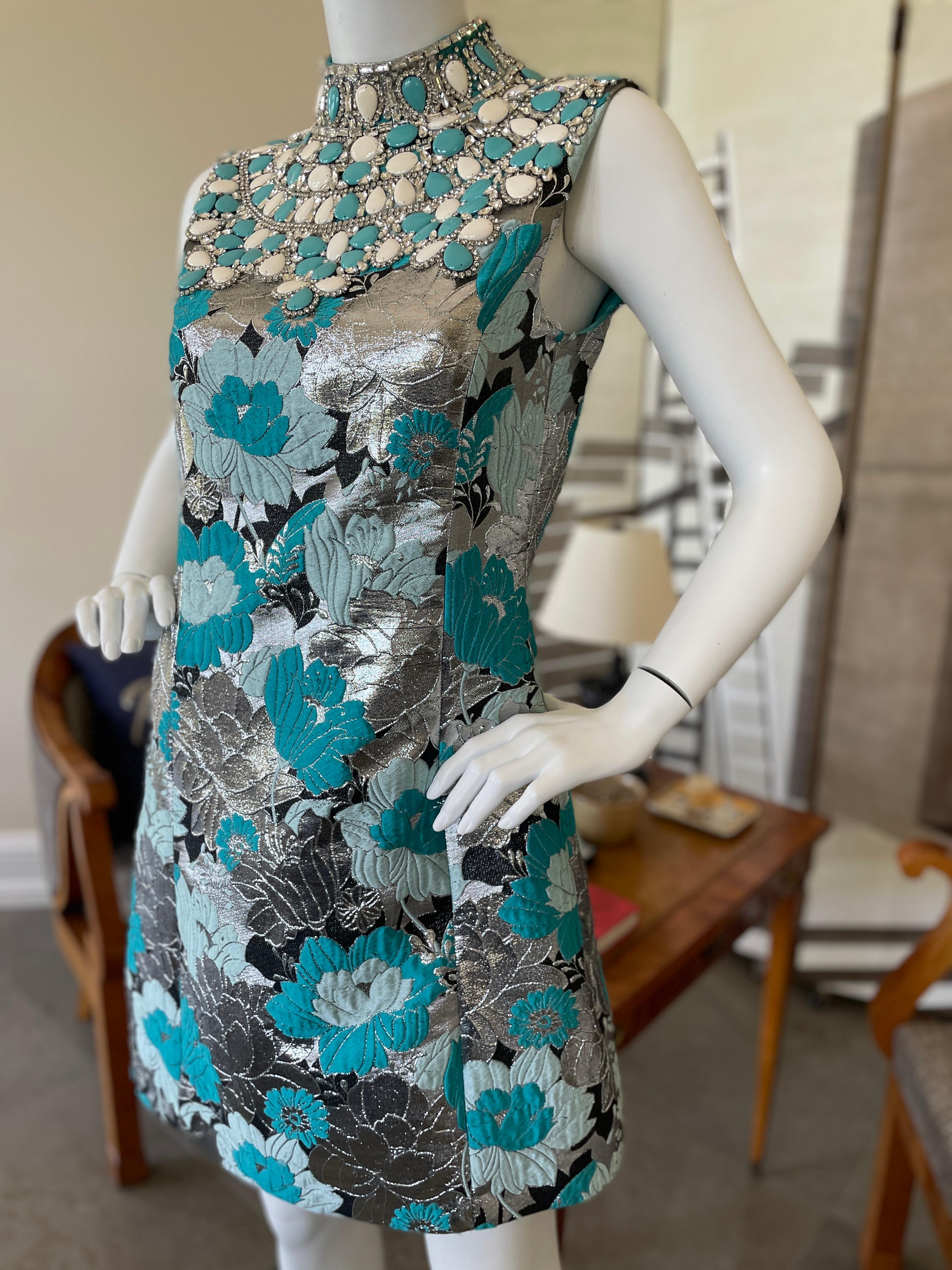 Michael Kors Collection Brocade Dress with Gobsmacking Turquoise Crystal Collar For Sale 3