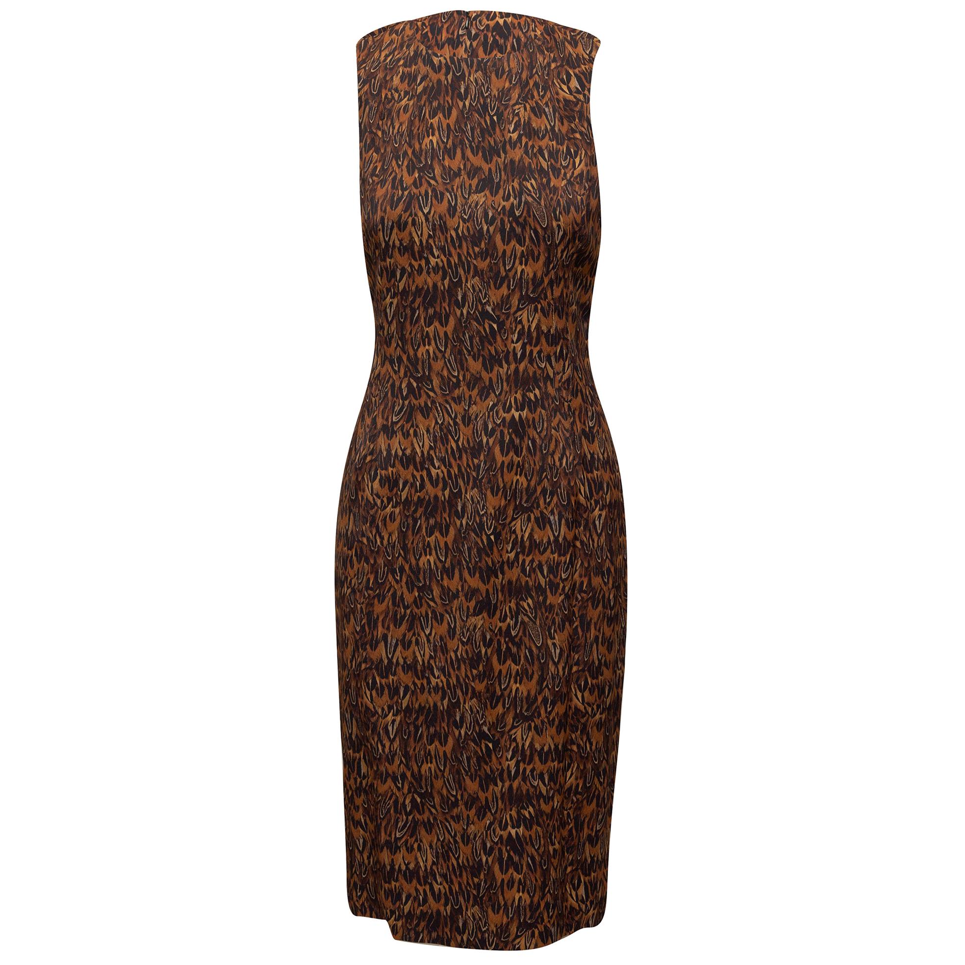 Michael Kors Collection Brown Feather Print Midi Dress