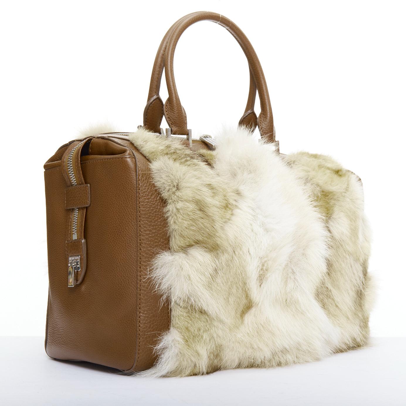 White MICHAEL KORS COLLECTION brown leather cream coyote fur duffel tote bag For Sale