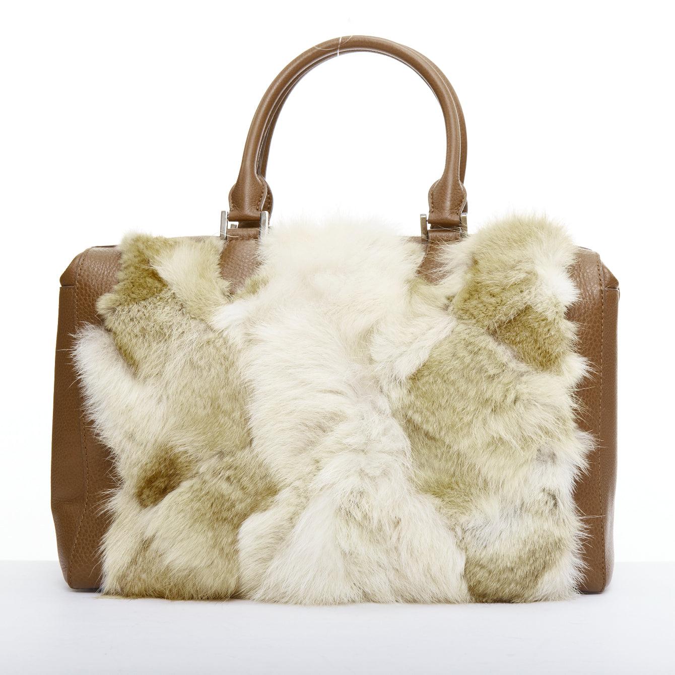 Women's MICHAEL KORS COLLECTION brown leather cream coyote fur duffel tote bag For Sale