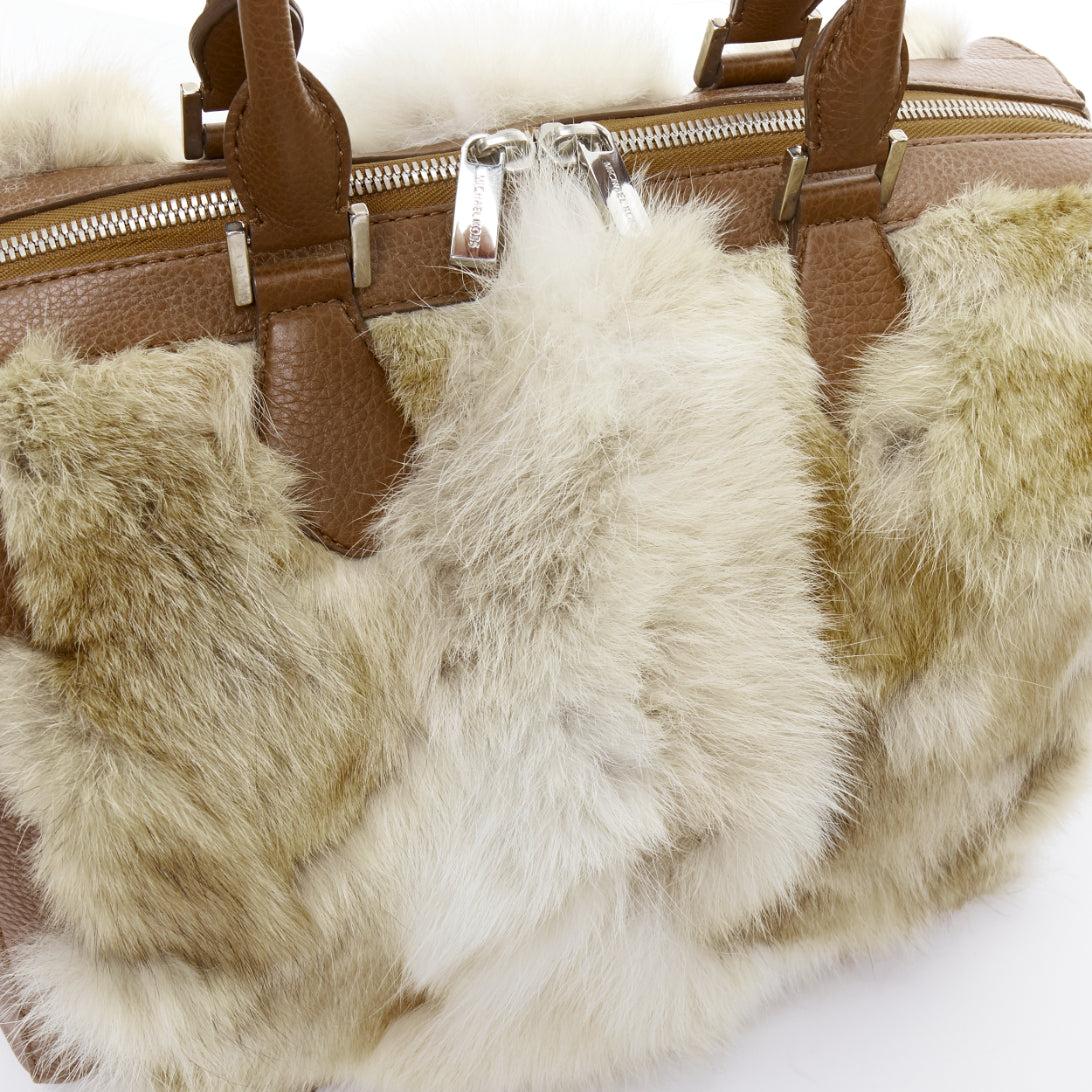 MICHAEL KORS COLLECTION brown leather cream coyote fur duffel tote bag For Sale 2