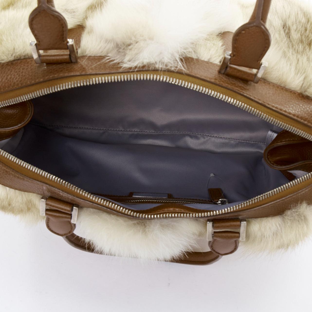 MICHAEL KORS COLLECTION brown leather cream coyote fur duffel tote bag For Sale 4
