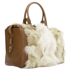 MICHAEL KORS COLLECTION brown leather cream coyote fur duffel tote bag