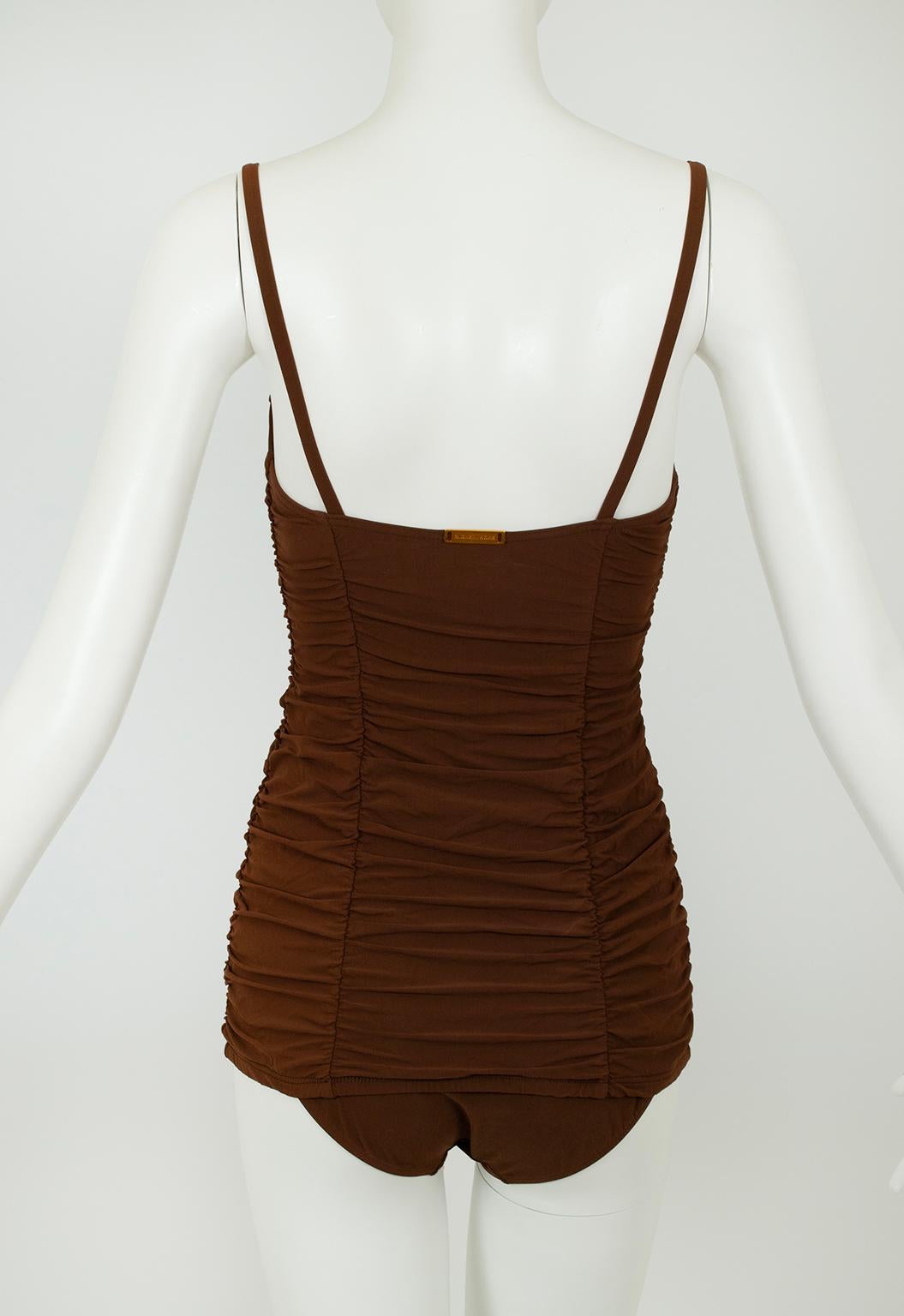 Women's Michael Kors Collection Brown Shirred Bustier Pinup Tankini Swimsuit – XS, 2006 For Sale