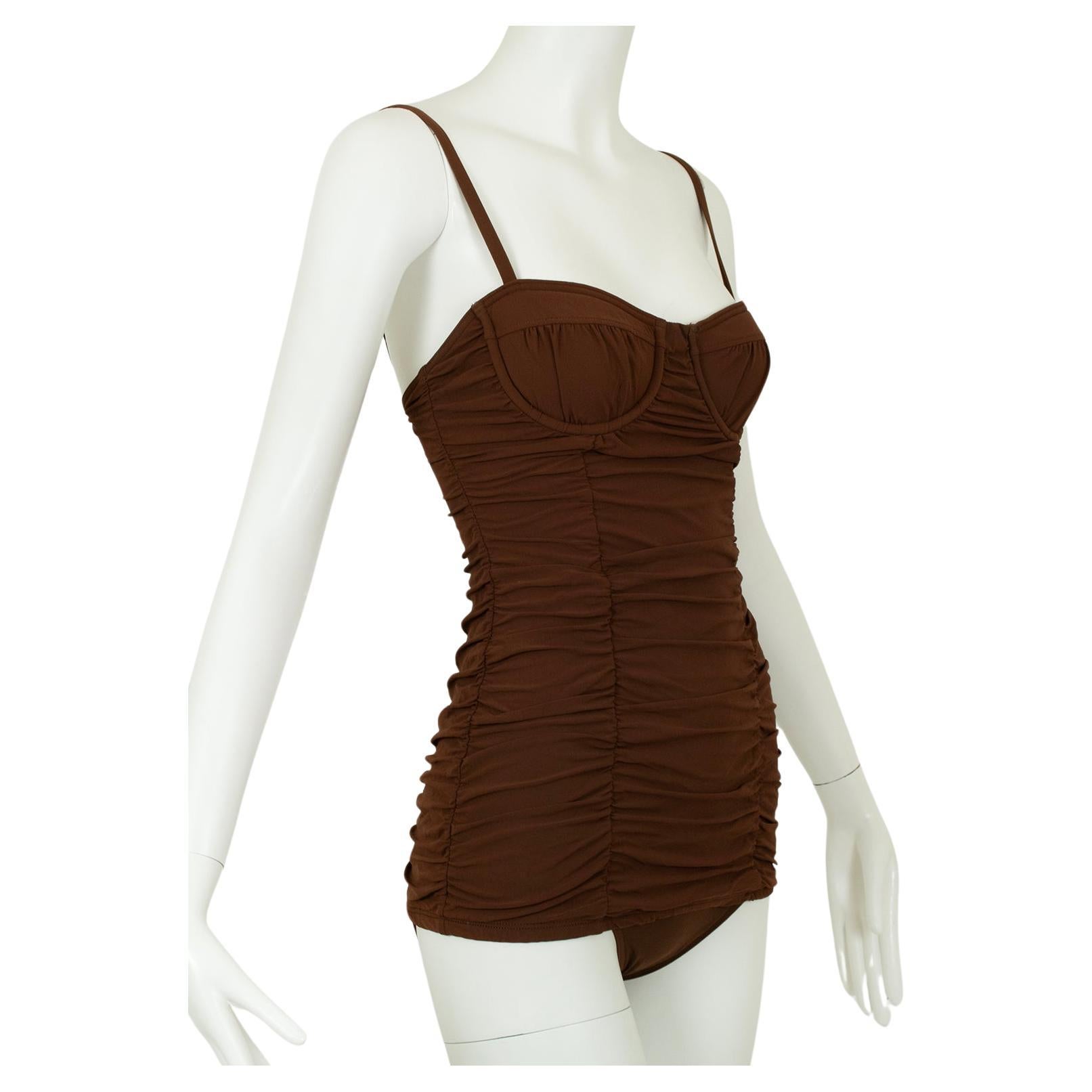 Michael Kors Collection Brown Shirred Bustier Pinup Tankini Swimsuit – XS, 2006 For Sale