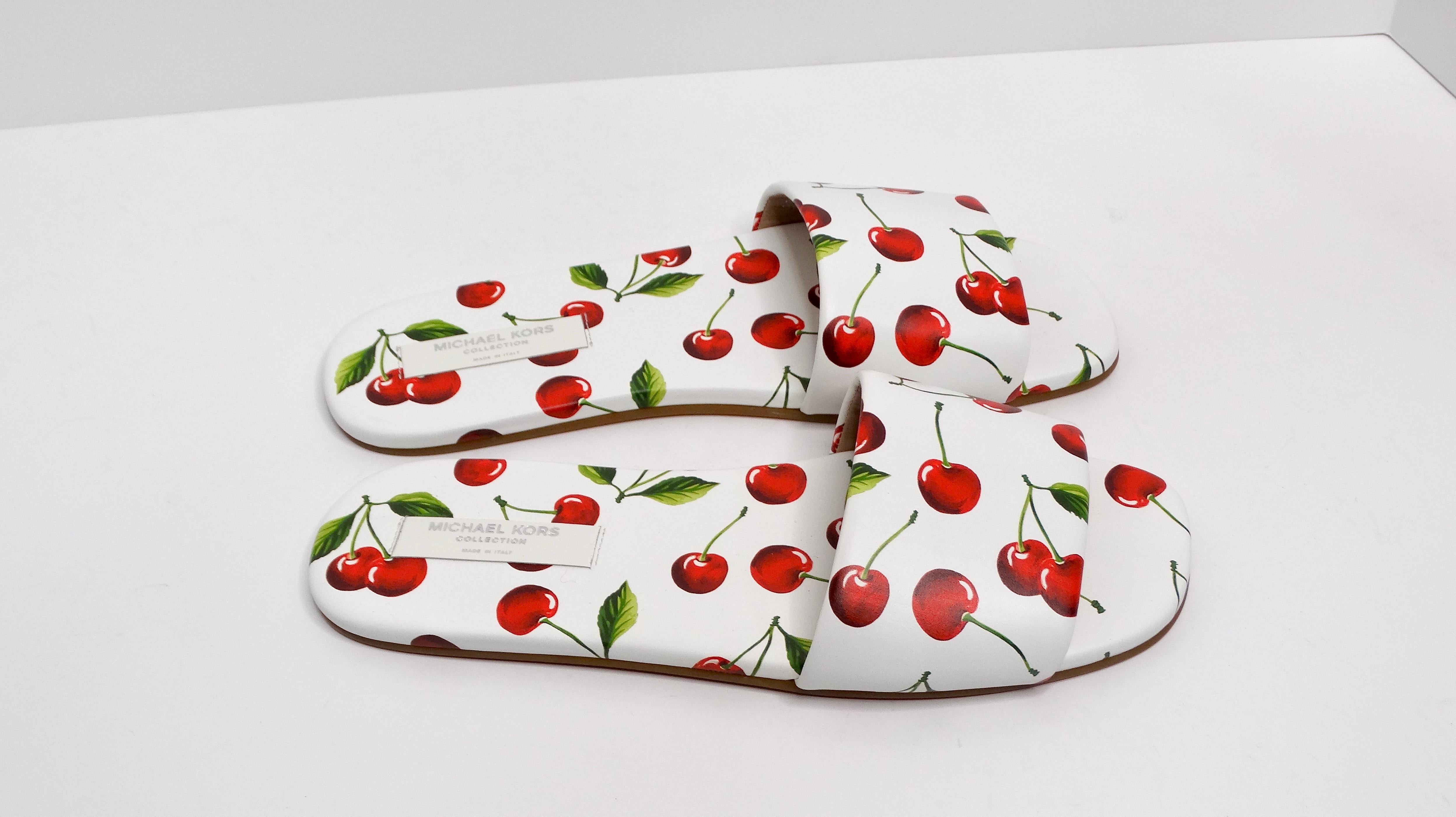 Beige Michael Kors Collection Cherry Print Leather Delphine Slides For Sale