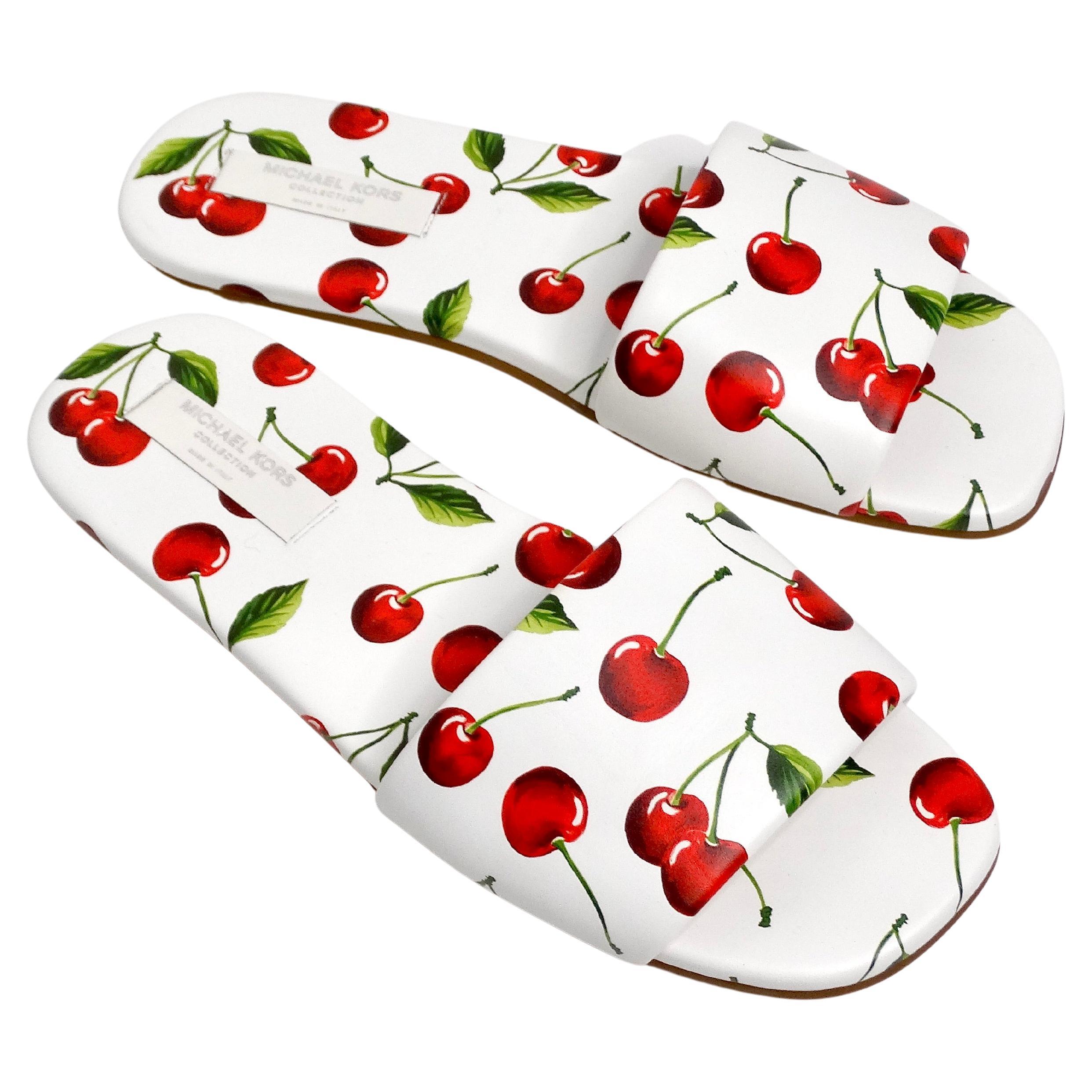 Michael Kors Collection Cherry Print Leather Delphine Slides For Sale