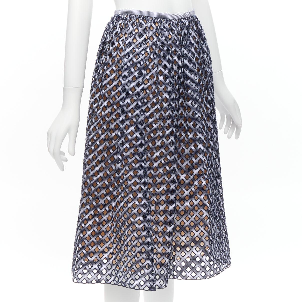 Gray MICHAEL KORS COLLECTION cotton lattice grid cut out A-line midi skirt US0 XS For Sale