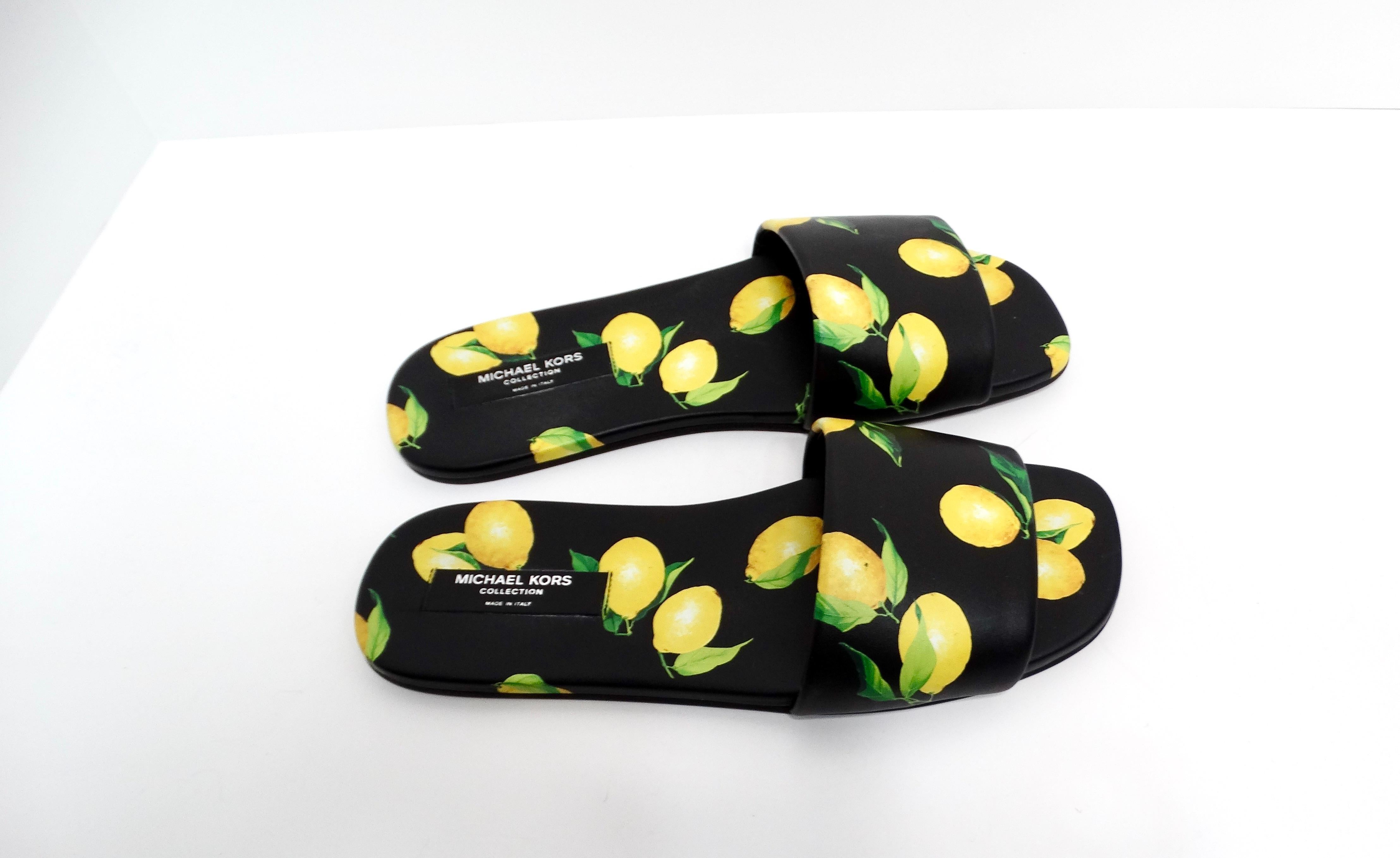 Black Michael Kors Collection Lemon Print Leather Delphine Slides For Sale