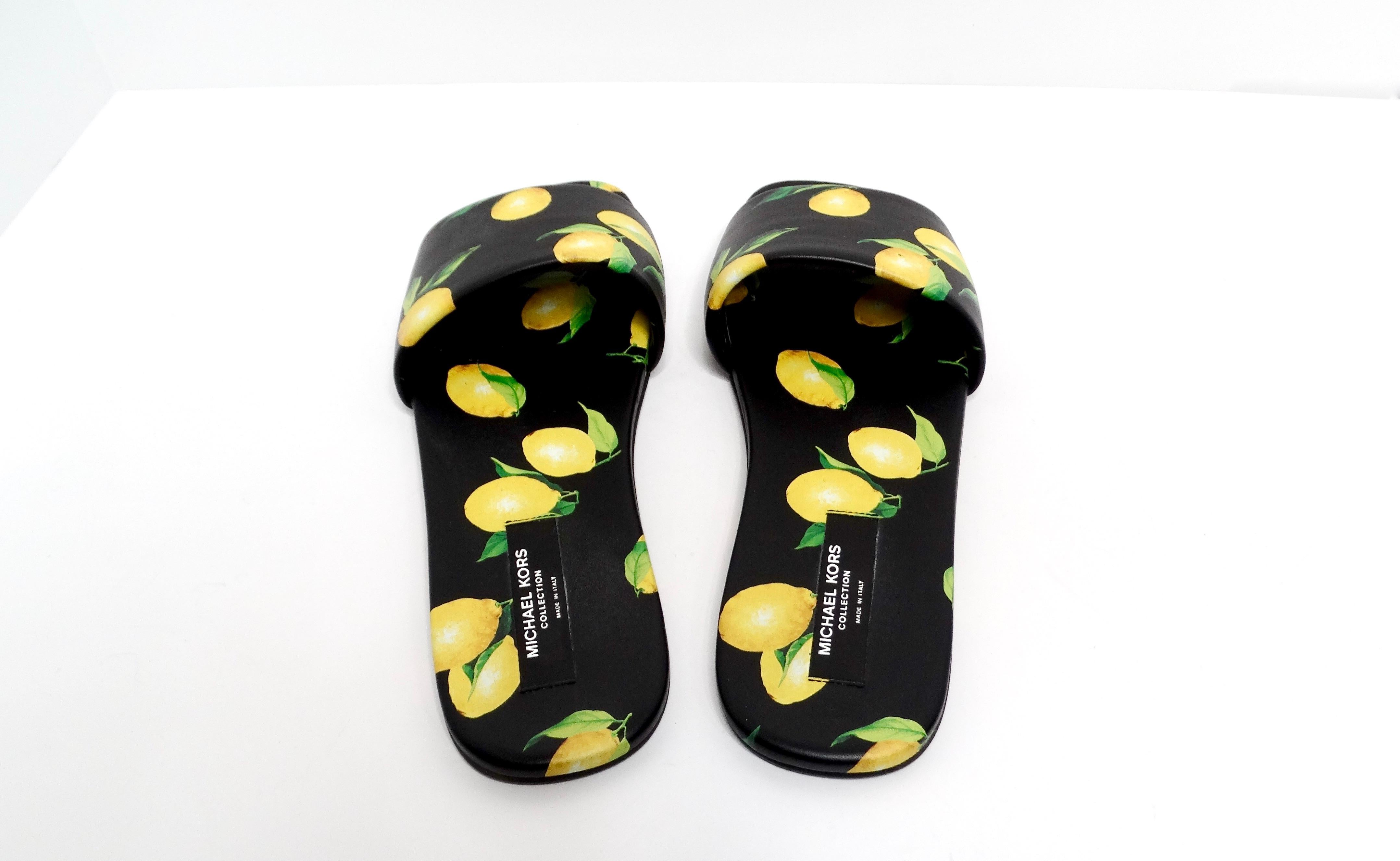 Women's or Men's Michael Kors Collection Lemon Print Leather Delphine Slides For Sale