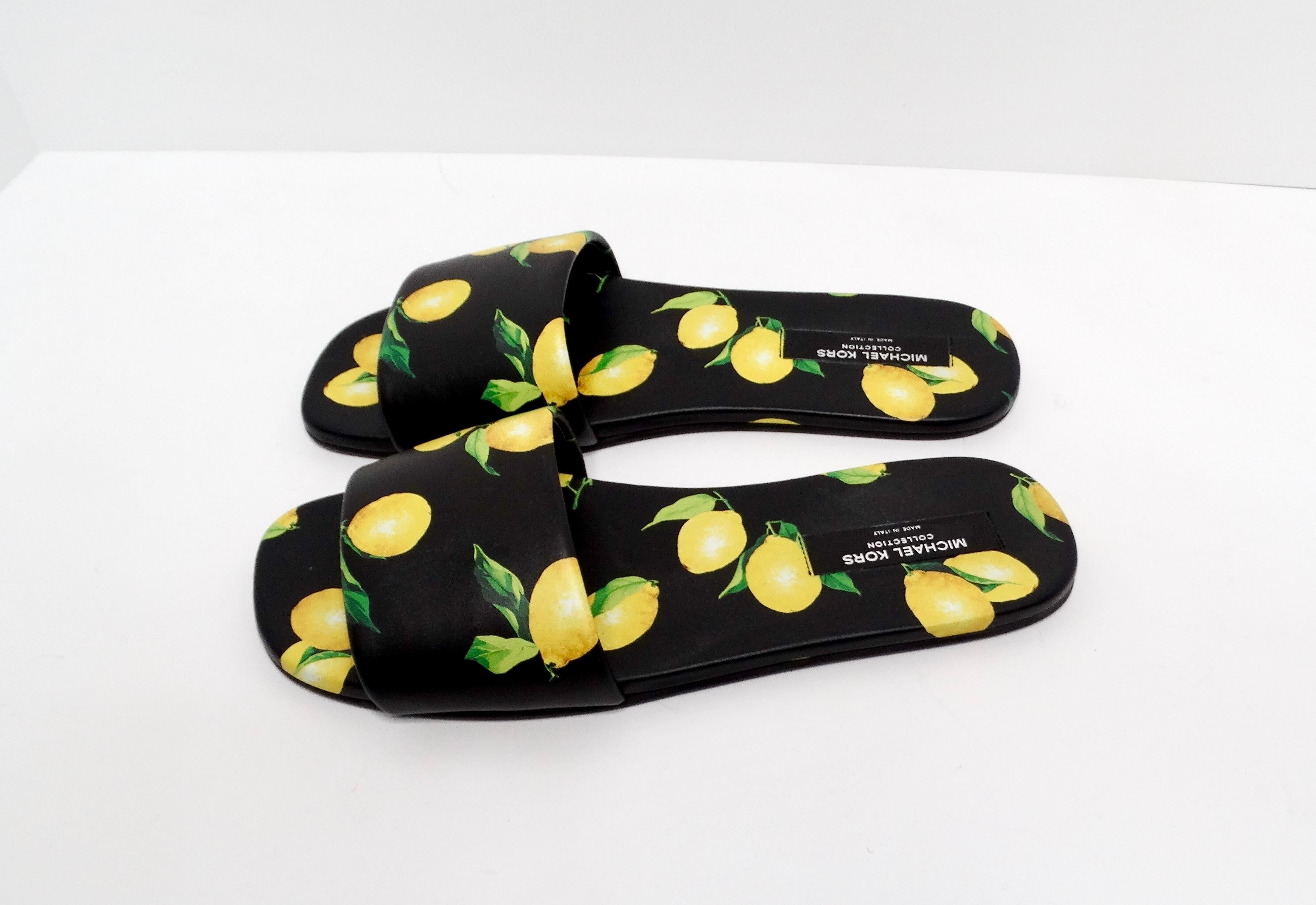 Michael Kors Collection Lemon Print Leather Delphine Slides For Sale 1