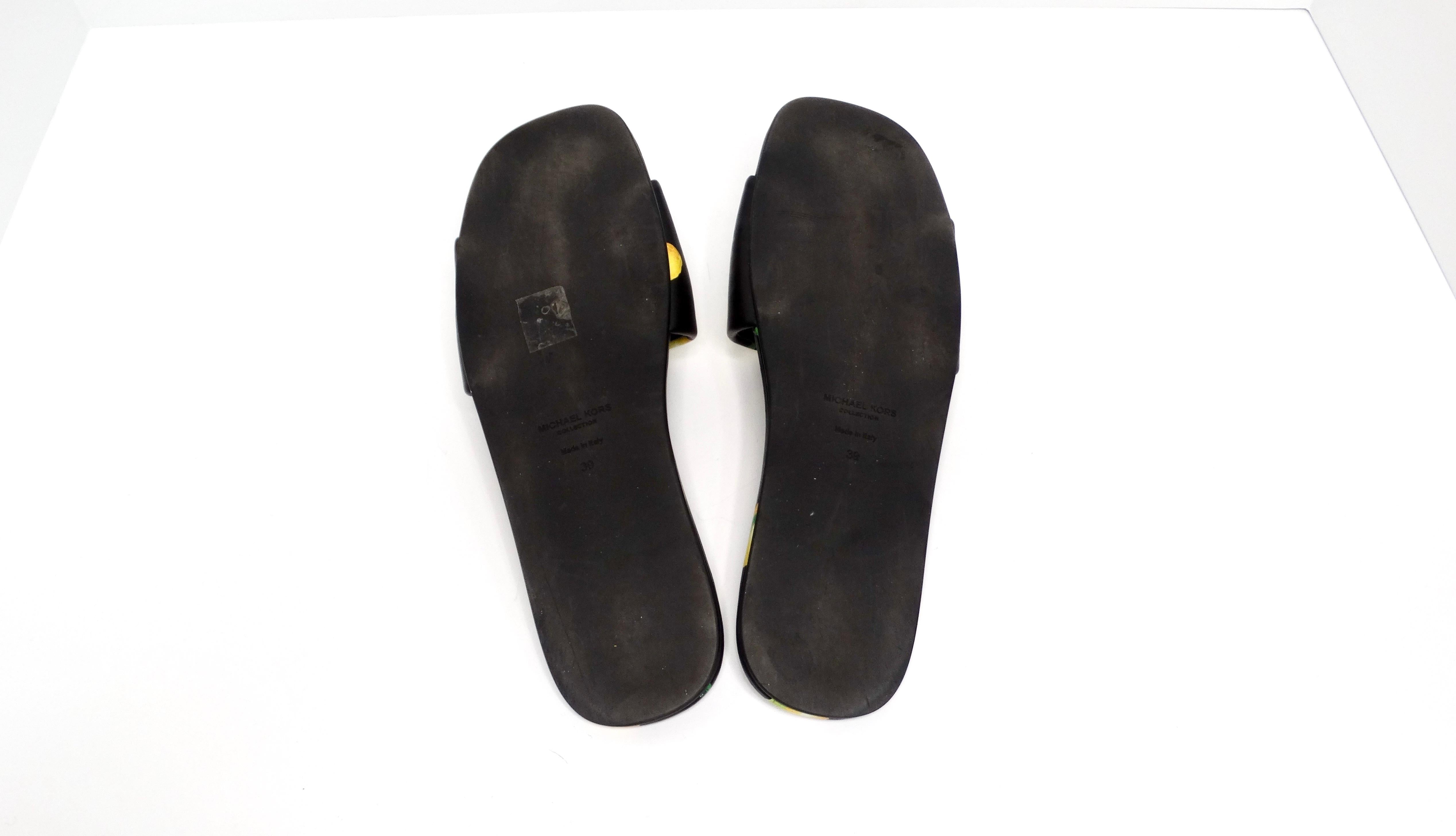 Michael Kors Collection Lemon Print Leather Delphine Slides For Sale 2