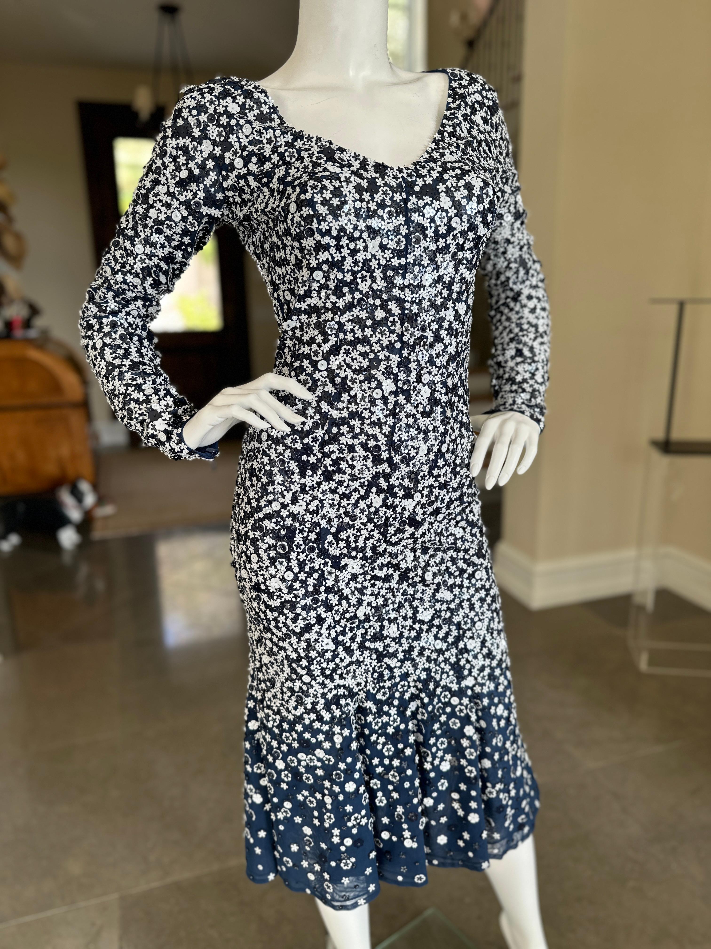 Michael Kors Collection Long Sleeve Blue Dress with Flower Sequin Details In Excellent Condition For Sale In Cloverdale, CA
