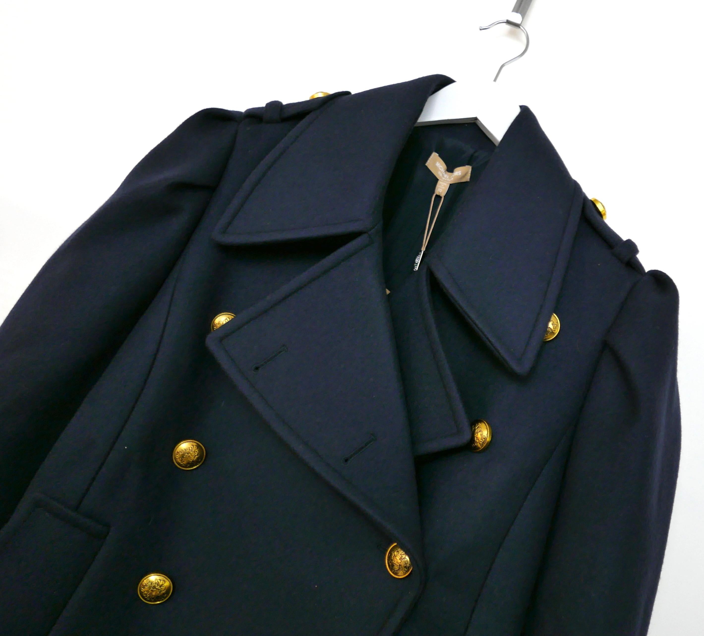 Black Michael Kors Collection Navy Blue Heavy Wool Military Pea Coat For Sale