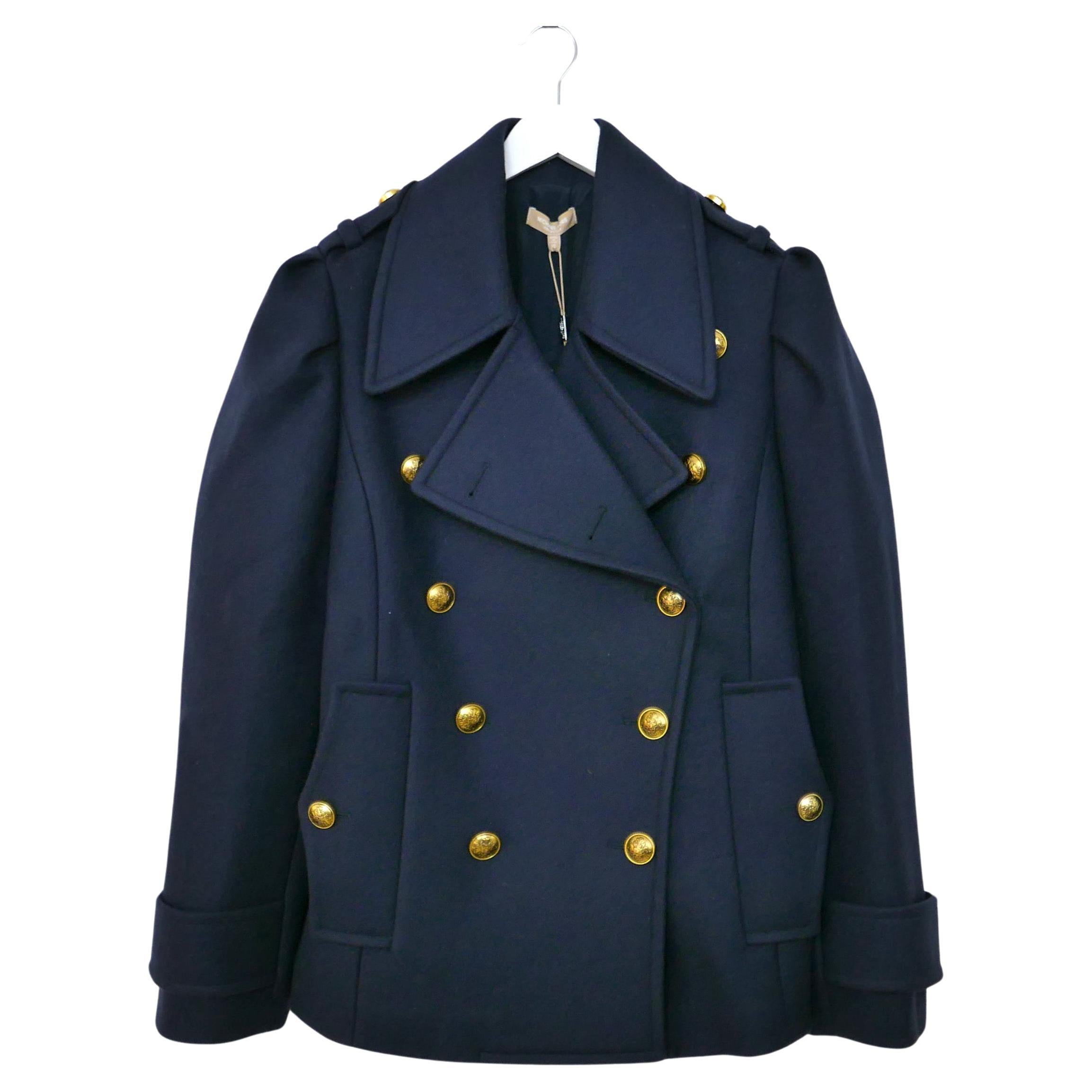 Michael Kors Collection Navy Blue Heavy Wool Military Pea Coat For Sale