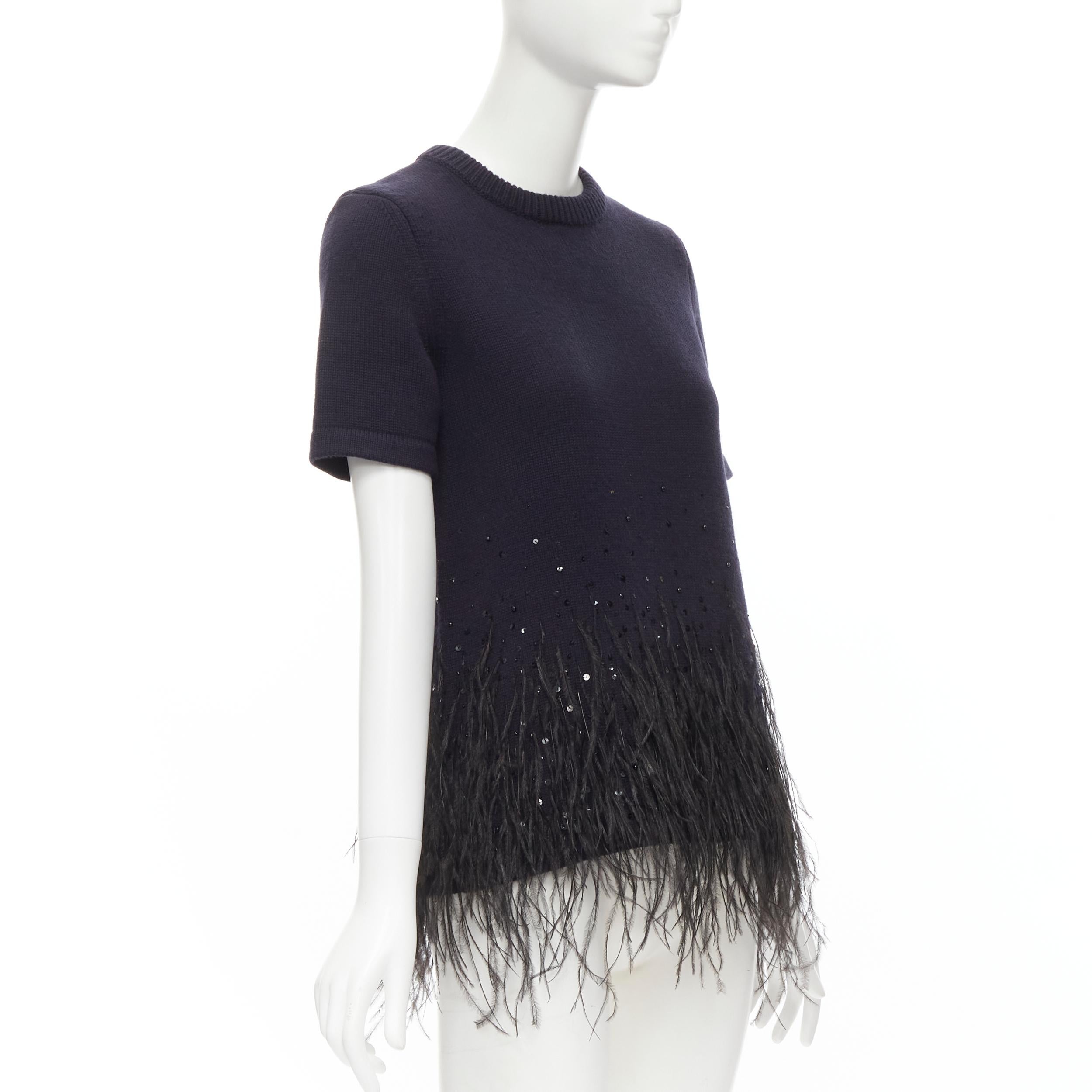 Black MICHAEL KORS COLLECTION navy feather sequins embellished cashmere sweater XS For Sale