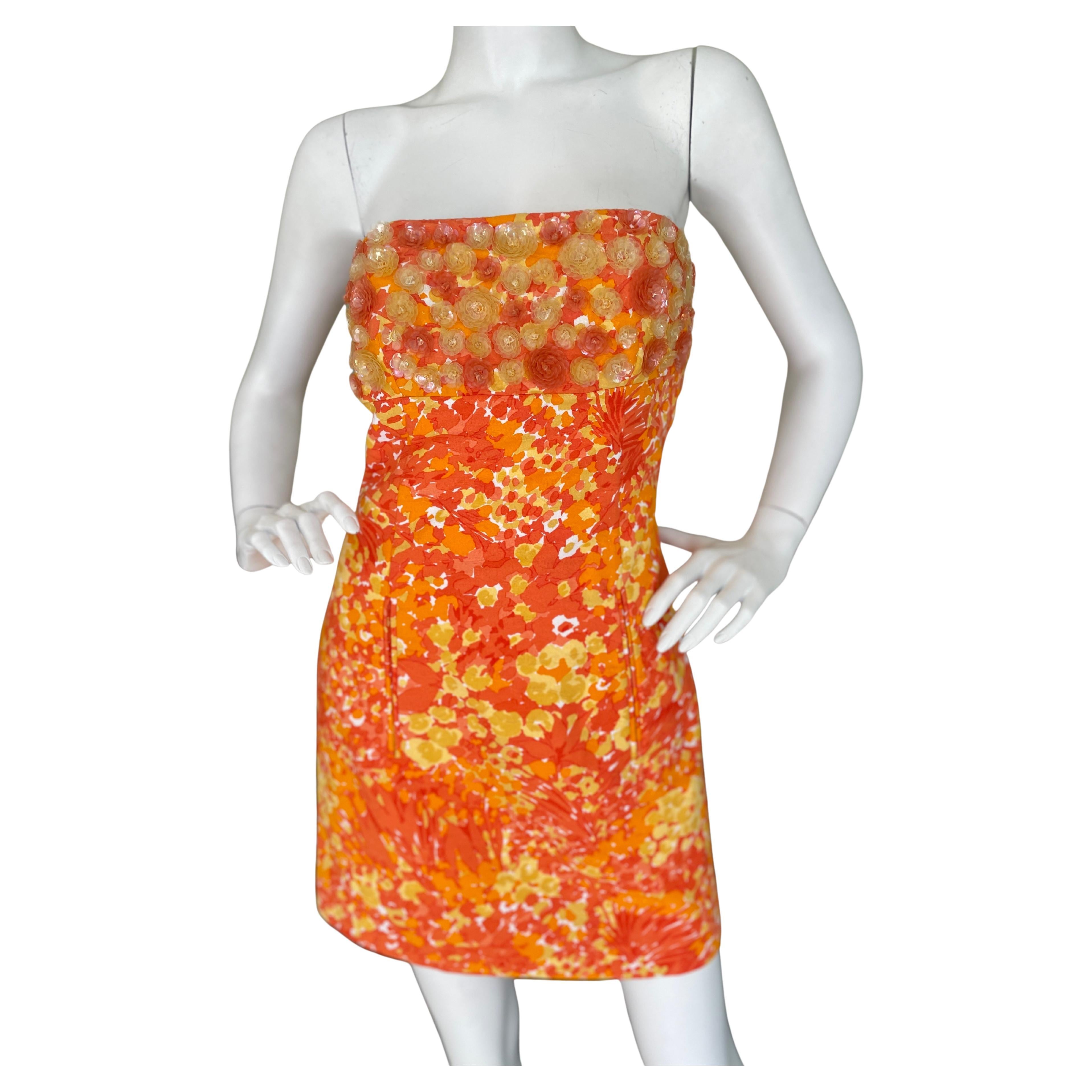 Michael Kors Collection Orange Floral Sequin Strapless Mini Cocktail Dress  For Sale at 1stDibs