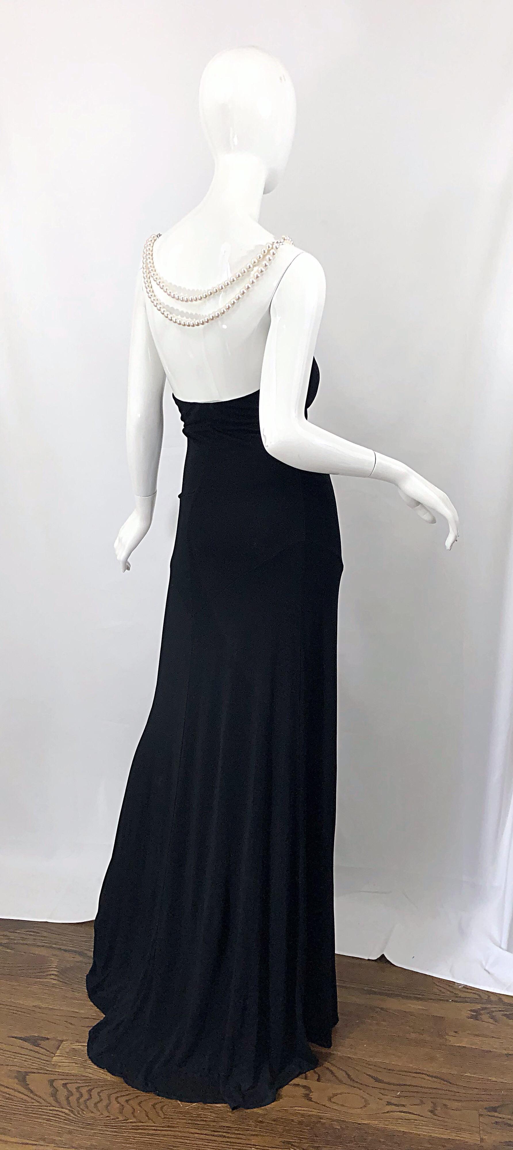 Michael Kors Collection Pearl Open Back Size 4 / 6 Black Grecian Gown Dress For Sale 7