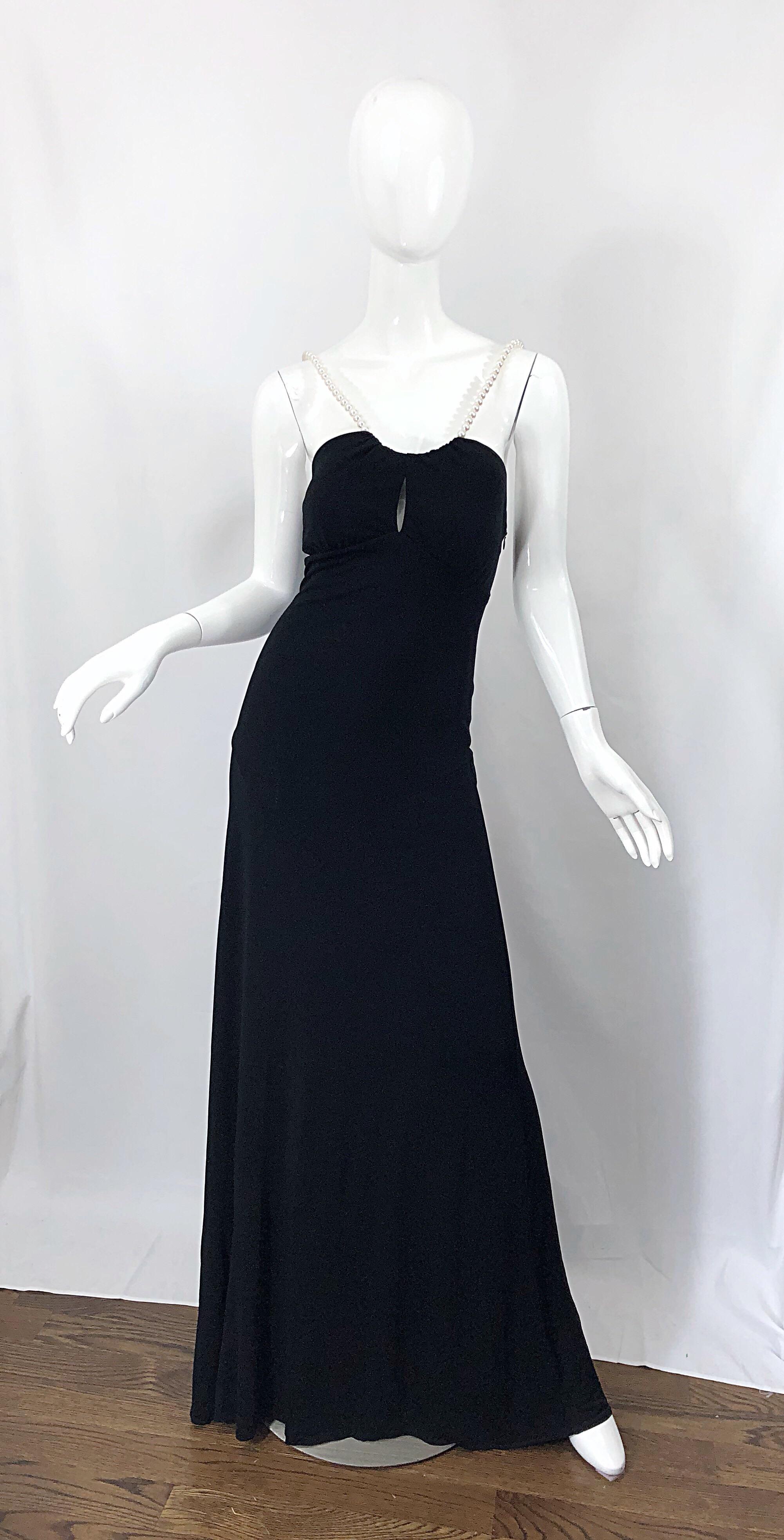 Michael Kors Collection Pearl Open Back Size 4 / 6 Black Grecian Gown Dress For Sale 8