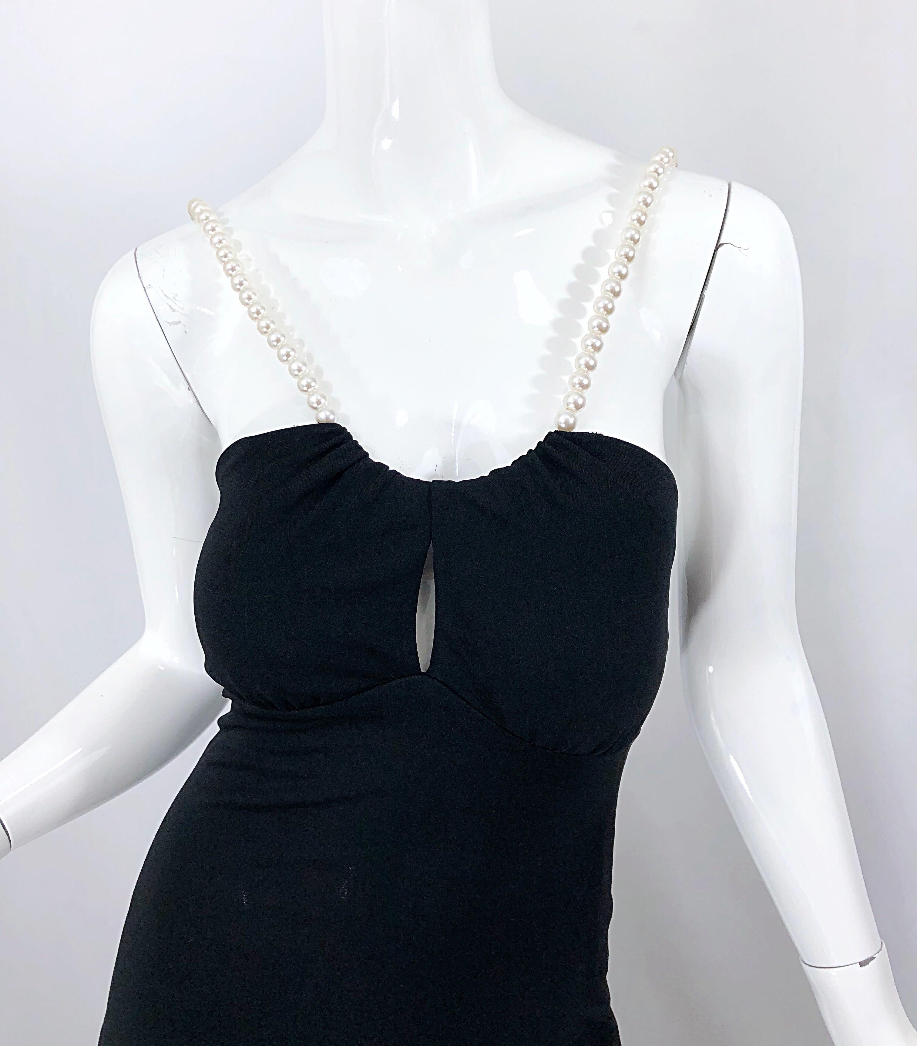 black dress with pearls