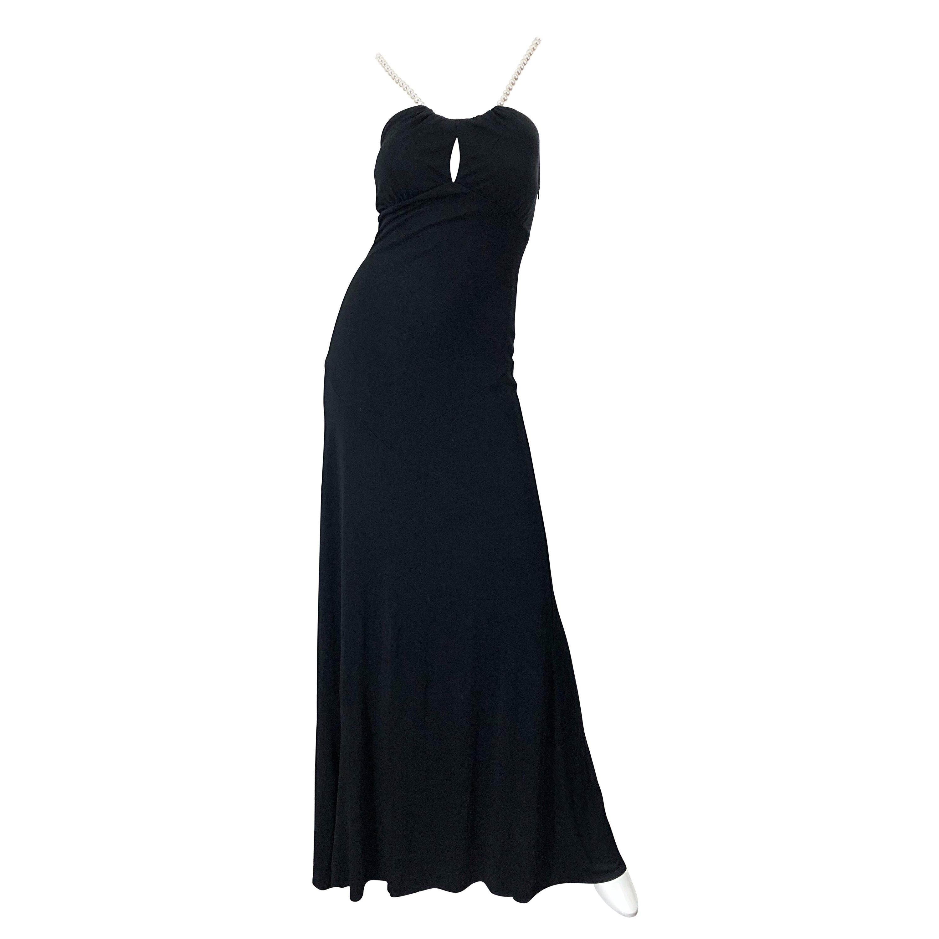 Sexy 2000s MICHAEL KORS COLLECTION black and white pearl strap Grecian style evening gown! Features white pearls as straps that sit slightly off the shoulder, with two rows of pearls that drape along the back. Fitted soft rayon jersey stretches to