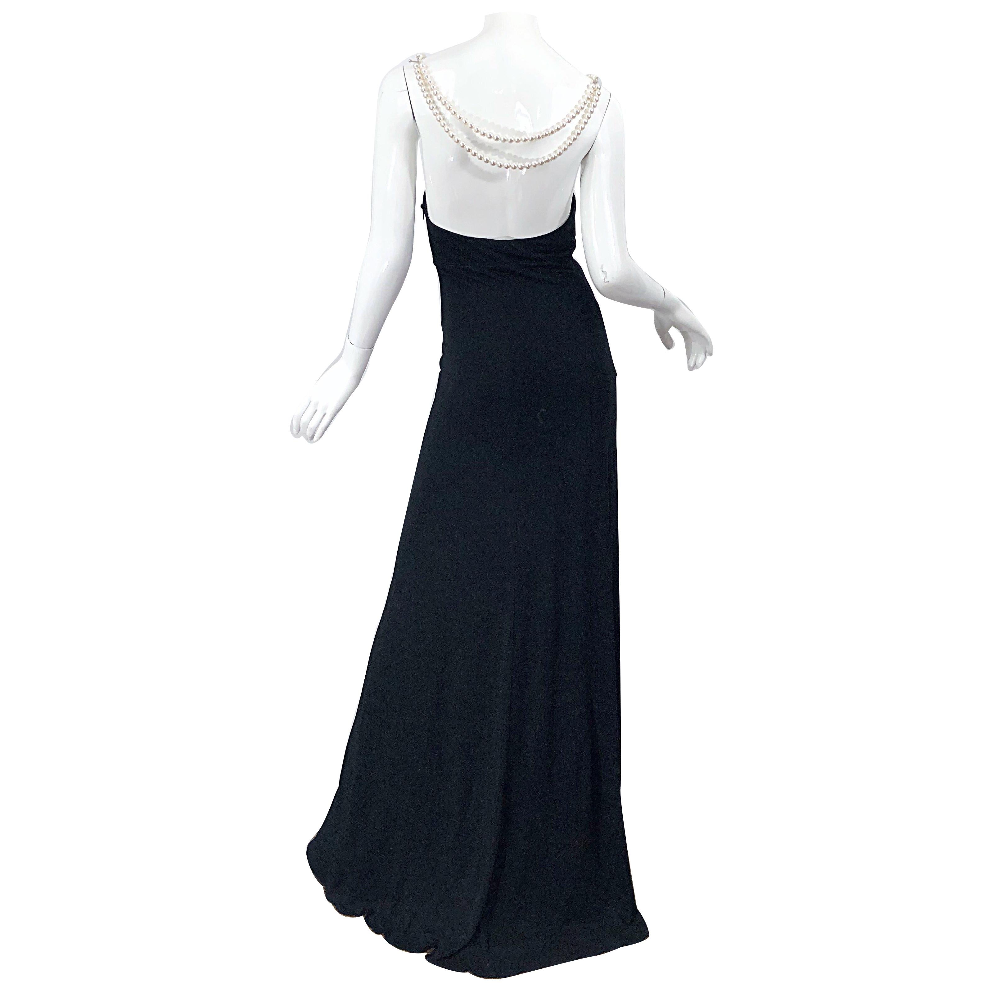 Michael Kors Collection Pearl Open Back Size 4 / 6 Black Grecian Gown Dress For Sale