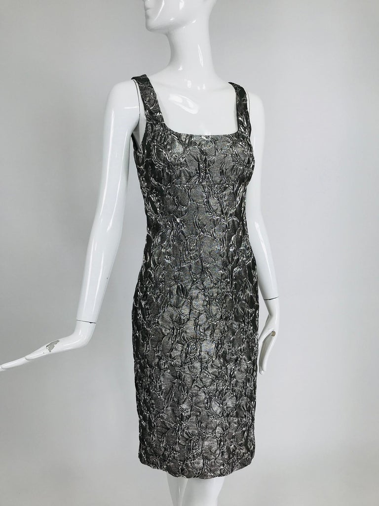 Michael Kors Collection Platinum Metallic Silk Cloque Sheath Dress For Sale  at 1stDibs